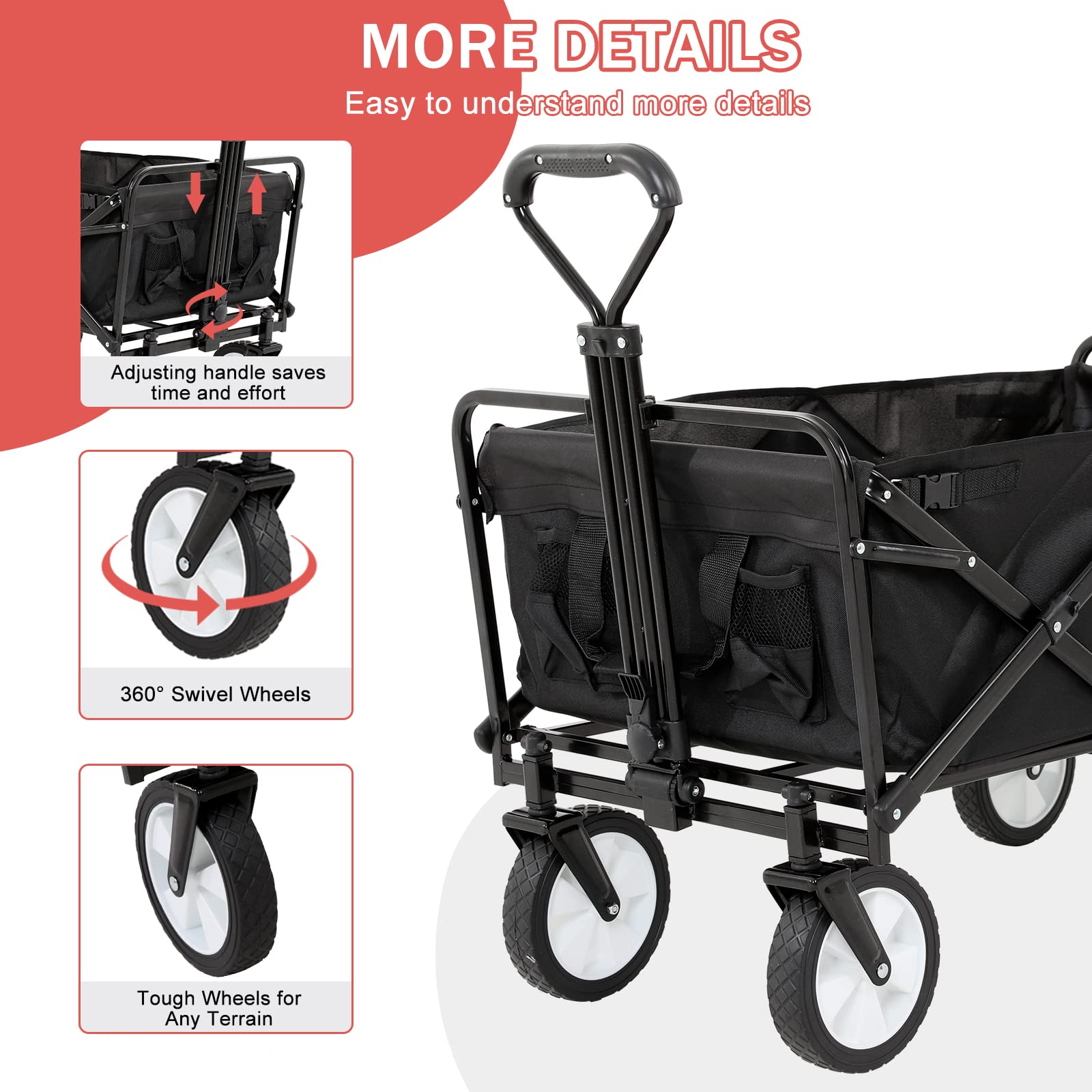 Heavy Duty Collapsible Utility Cart - Folding Wagon with Large Capacity for Shopping, Groceries, Camping & Beach | Portable Outdoor Wagon with 2 Cup Holders & Wheels | Perfect for Garden, Picnics, and Home Use (FW-GT1061-Black)