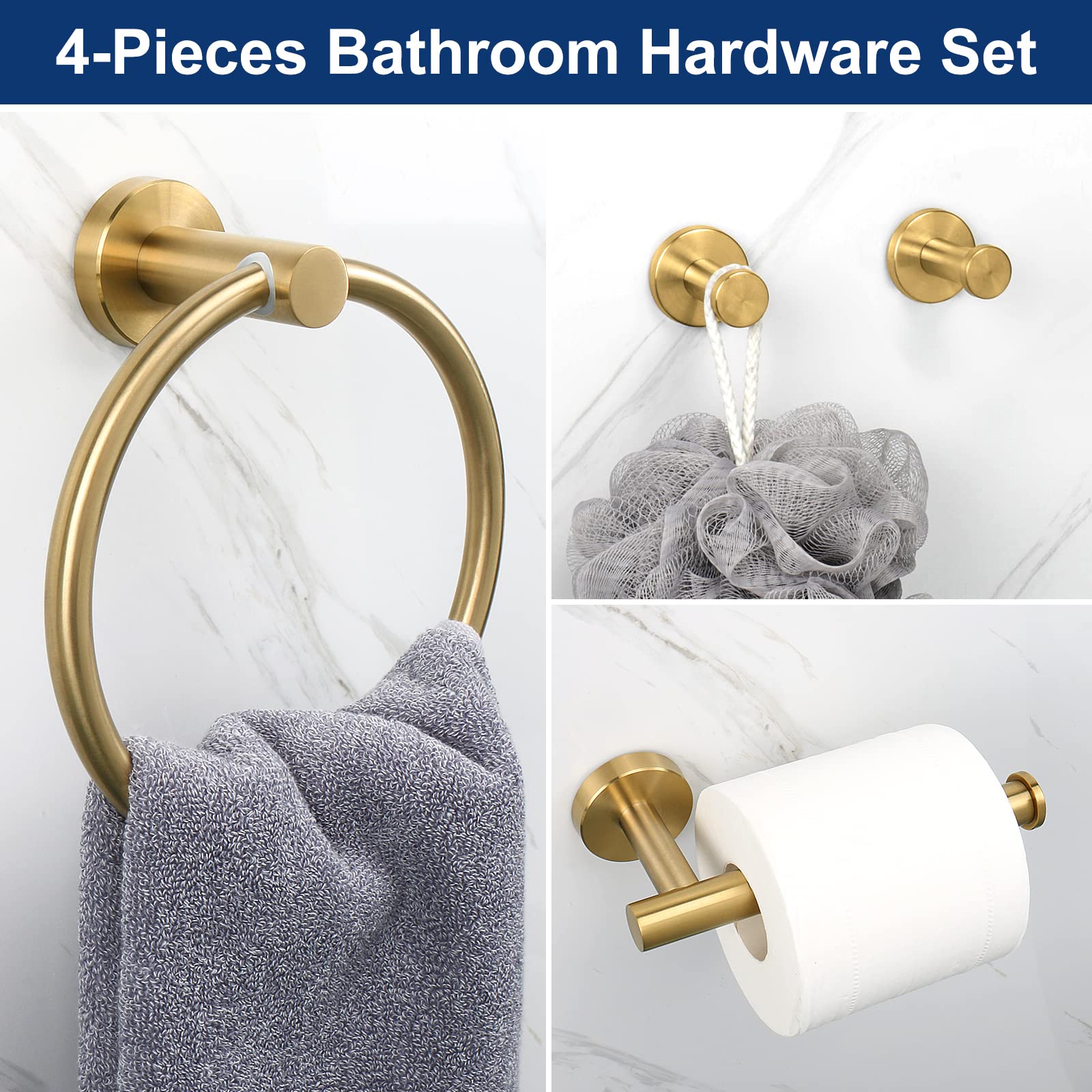 NearMoon 4-Piece Bathroom Hardware Set - Brushed Gold Stainless Steel Towel Ring, Toilet Paper Holder & 2 Robe Hooks - Wall Mounted Bath Accessories for Modern Home Decor (Perfect for Bathroom, Powder Room & Spa Style Vanity)