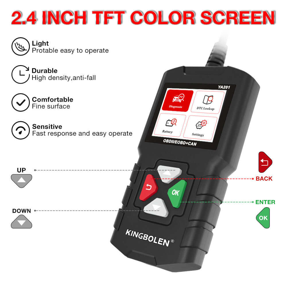 KINGBOLEN® YA201 OBD2 Scanner - Check Engine Light Diagnostic Tool for Car, Truck & SUV - Read & Clear Fault Codes - Compatible with Android & iOS - Perfect for DIY Mechanics & Auto Repair Shops