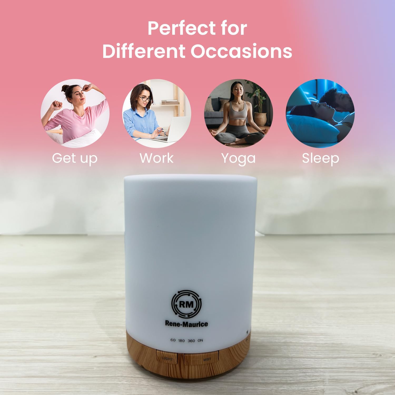 Rene Maurice 300ml Ultrasonic Cool Mist Humidifier for Bedroom, Baby Nursery & Office - Essential Oil Diffuser with Night Light & Auto Shut-Off - Relieves Dry Skin, Allergies, Cold & Cough - Ideal for Plants, Yoga & Aromatherapy