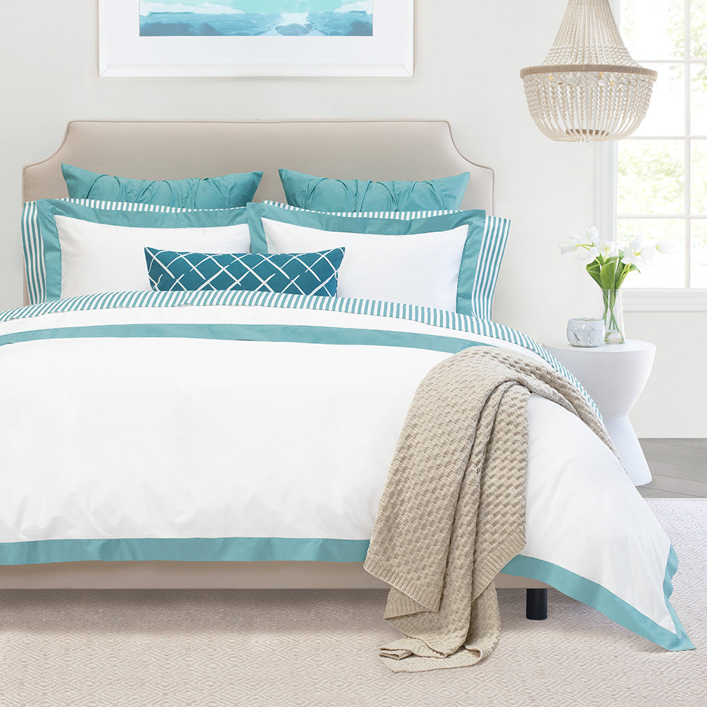 Turquoise Linden Border Duvet Cover Set - Queen Size, 100% Cotton Bohemian Bedding with Decorative Stitching - Perfect for Master Bedroom, Guest Room & Coastal Home Decor