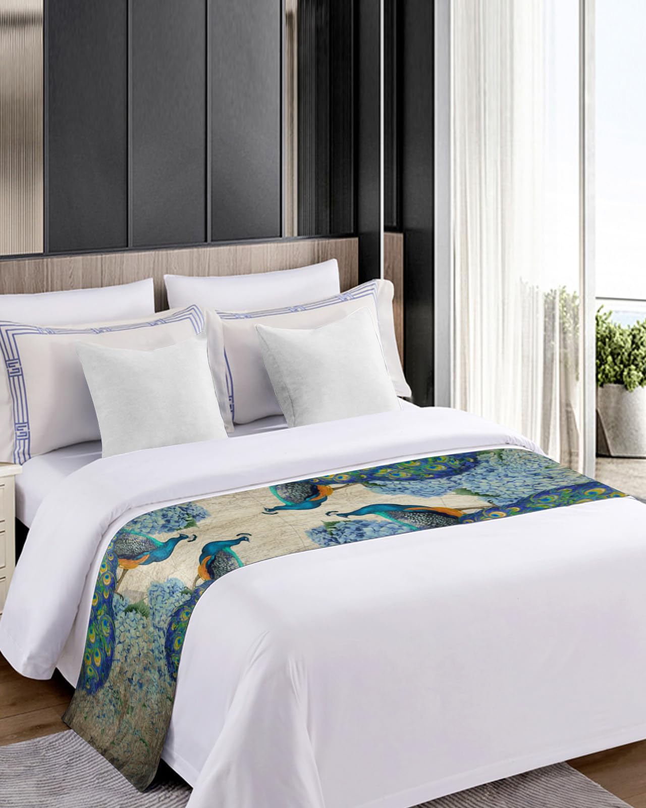 Smile Sunflower Bed Runner Scarf - Rustic Peacock Decorative Bedding Cover for King Size Beds (102x20 inches) - Perfect for Home, Bedroom, Hotel & Wedding Room Decor - Adds Elegance to Foot of Bed