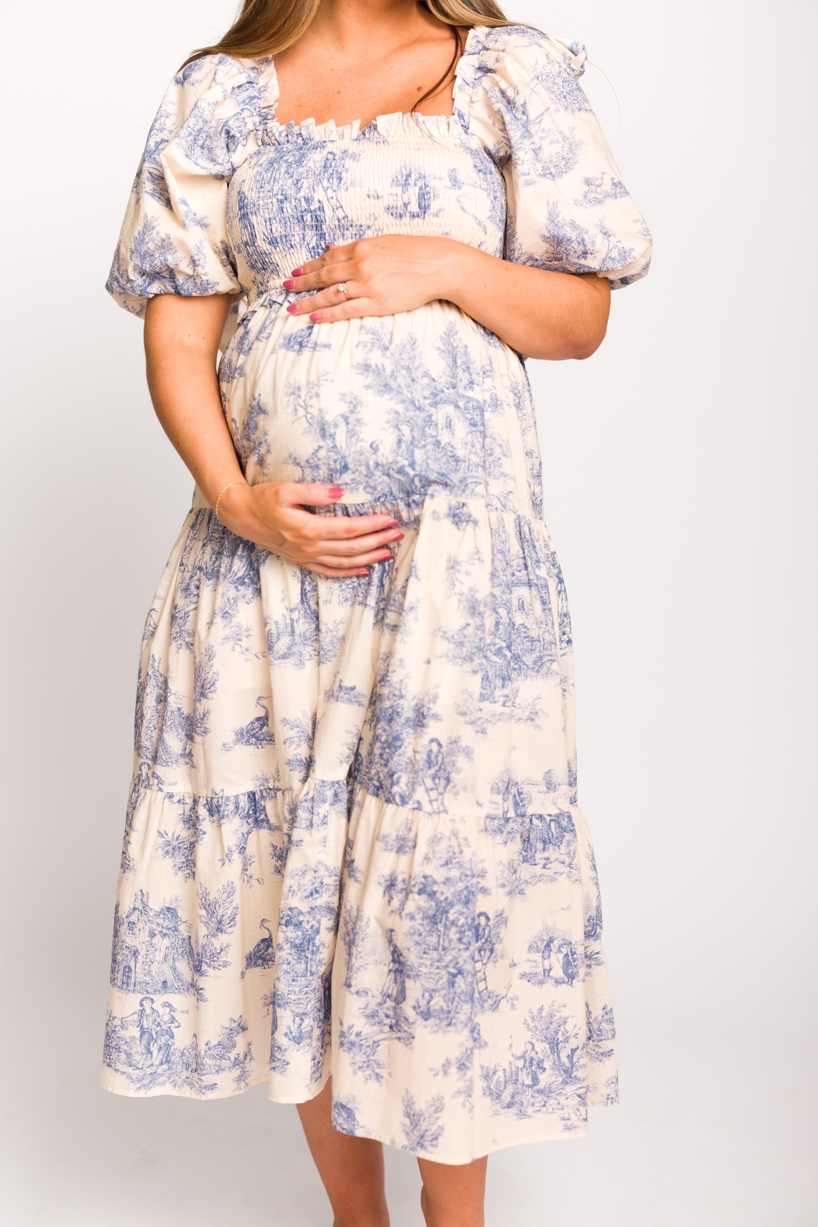 Elena 100% Cotton Toile Print Smocked Midi Dress in Blue - Bump Friendly Maternity Dress for Pregnancy, Nursing & Special Occasions | Perfect for Baby Showers, Brunch Dates & Summer Outings