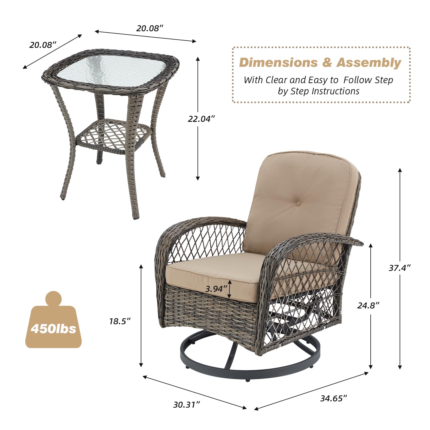 360° Swivel Rocking Patio Chairs Set of 3 with Thickened Cushions & Glass Coffee Table - Outdoor Conversation Furniture for Backyard, Garden, Poolside (Khaki) - Perfect for Relaxing, Entertaining & Enjoying Summer Days