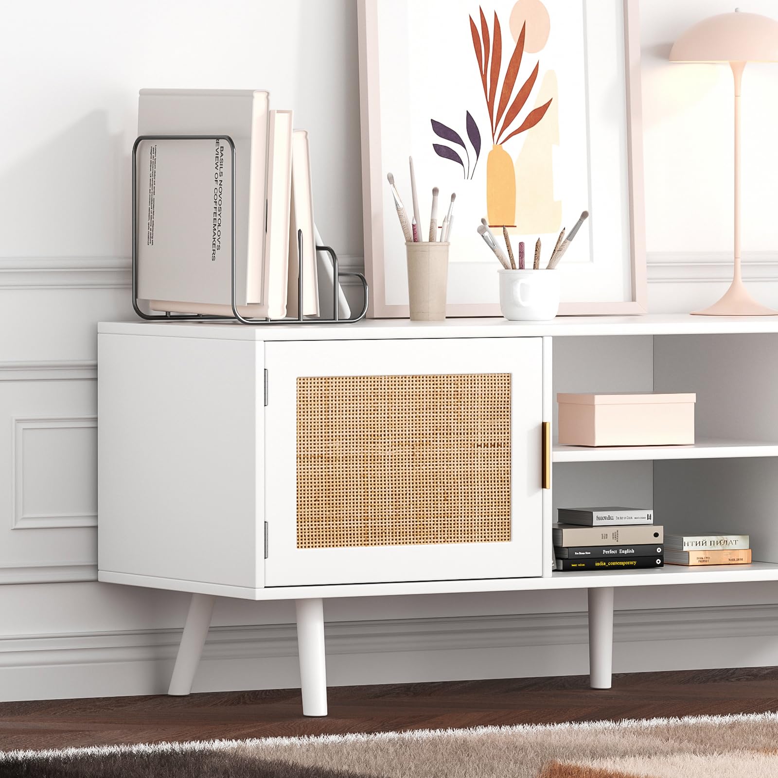 Anmytek 55 Inch Farmhouse Rattan TV Stand - Mid Century Modern Entertainment Center with Storage Cabinet, Wood Media Console for Living Room, Bedroom & Office - White H0055