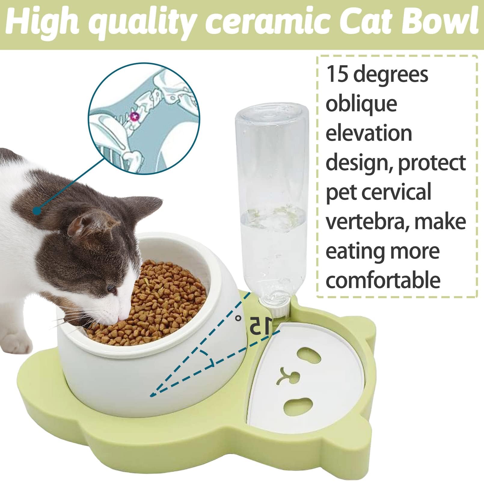 Kathson Elevated Double Dog & Cat Bowl Set - Tilted Raised Ceramic Pet Food & Water Dishes with No-Spill Automatic Water Dispenser - 5-in-1 Function for Cats & Small Dogs (Green) - Perfect for Home, Kitchen & Pet Feeding Stations