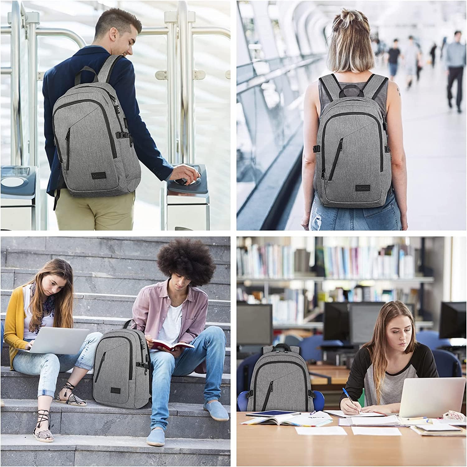 Mancro Anti-Theft Laptop Backpack for Men - 17 Inch Business Travel Backpack with USB Charging Port & Lock, Water Resistant Computer Bag for Work, School & Commuting - Grey