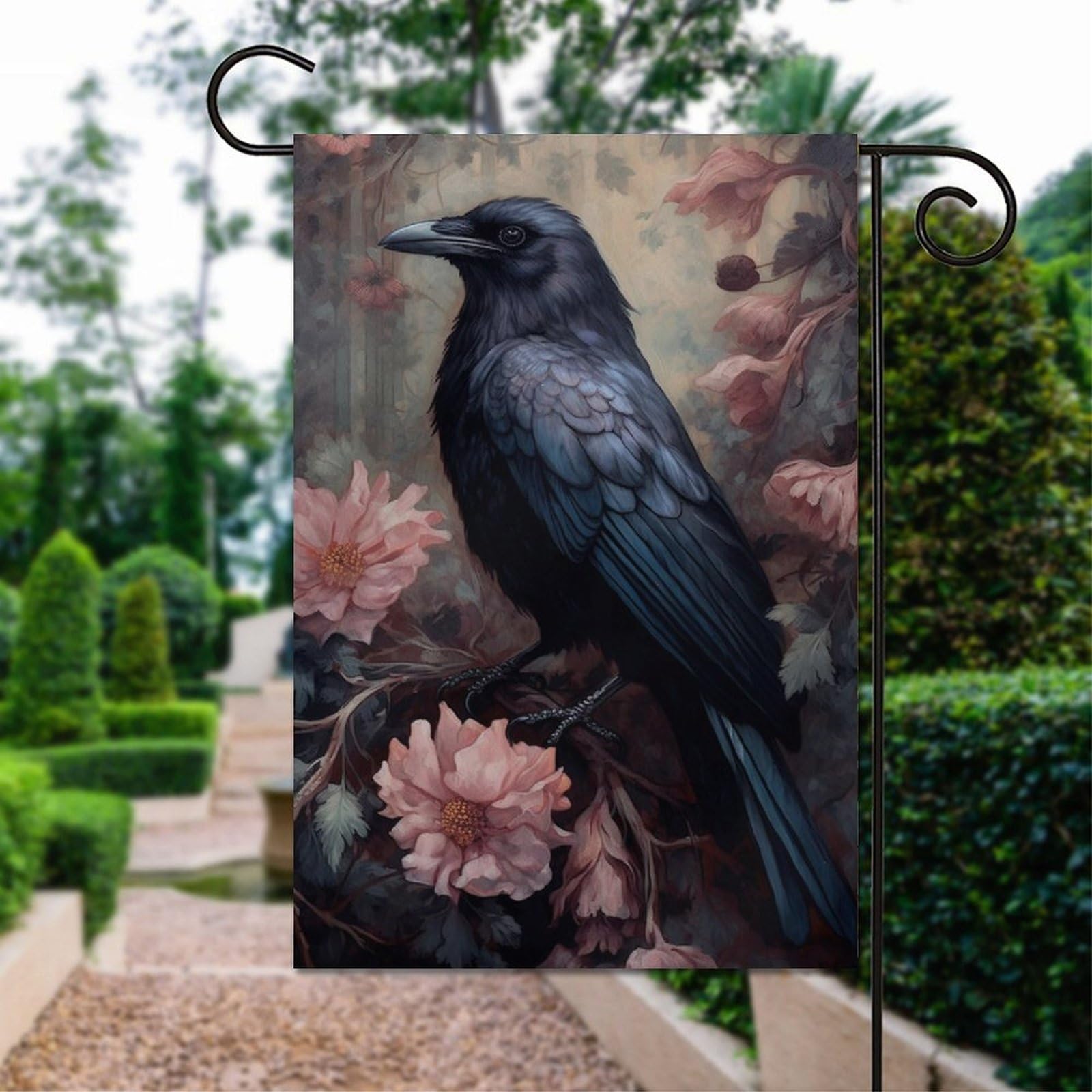 Gothic Halloween Raven Flower Garden Flag - Double Sided Black Crow Yard Flag 12x18 Inch for Outdoor Seasonal Holiday Decoration | Perfect for Front Porch, Lawn, and Home Decor