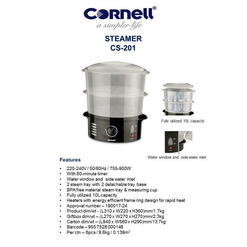 Cornell 2-Tier 10L Electric Food Steamer for Healthy Cooking - Perfect for Meal Prep, Dumplings & Vegetables - CS201