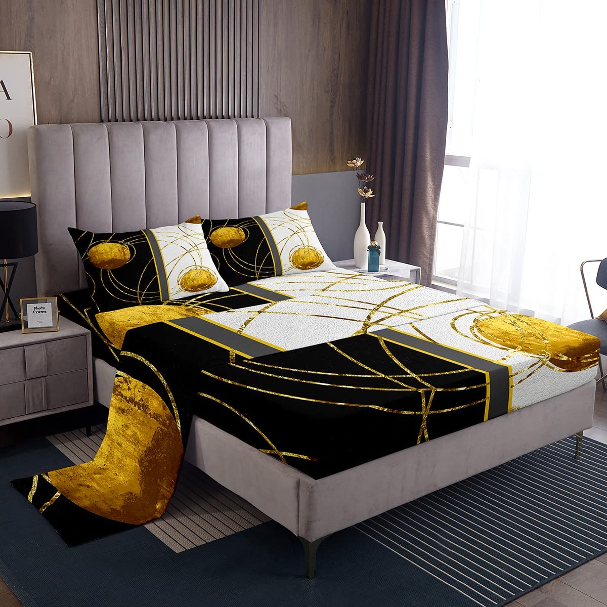 Castle Fairy Modern Abstract Fitted Sheet Set - Queen Size Black & White Geometric Bedding with 2 Pillowcases | Luxury Microfiber Minimalist Design for Teens & Adults | Perfect for Contemporary Bedrooms, Dorms & Guest Rooms