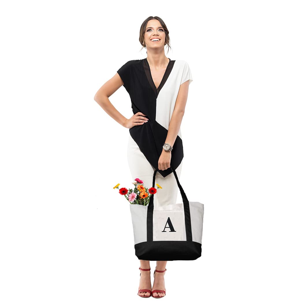 Personalized Initial Canvas Beach Bag with Zipper - for Women, Moms & Travel