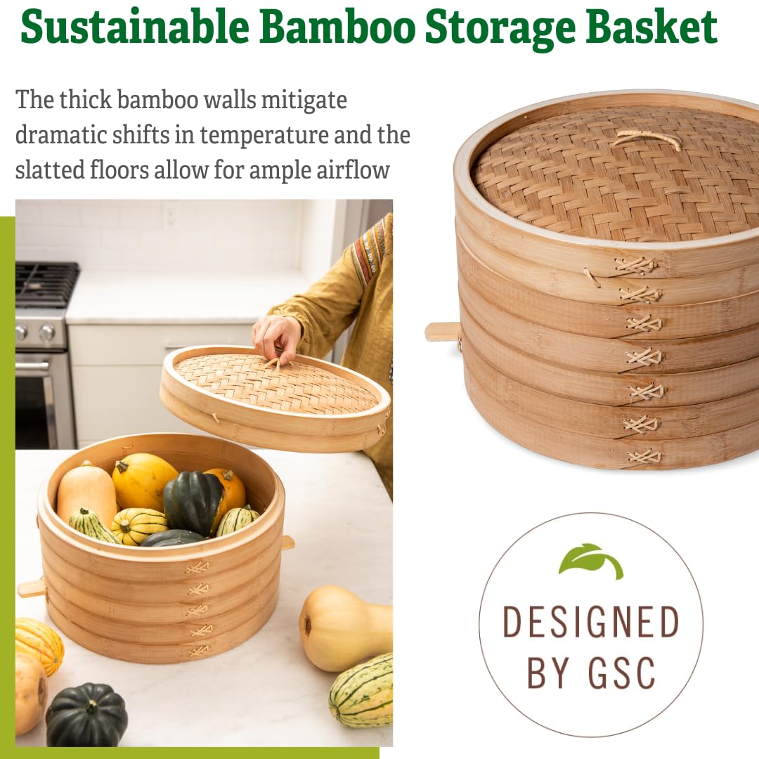 Stackable Bamboo Harvest Basket with Lid - Durable Storage for Fruits, Onions, Garlic & Root Vegetables | Perfect for Farm Stands, Farmers Markets & Kitchen Organization | Gardener's Supply Company