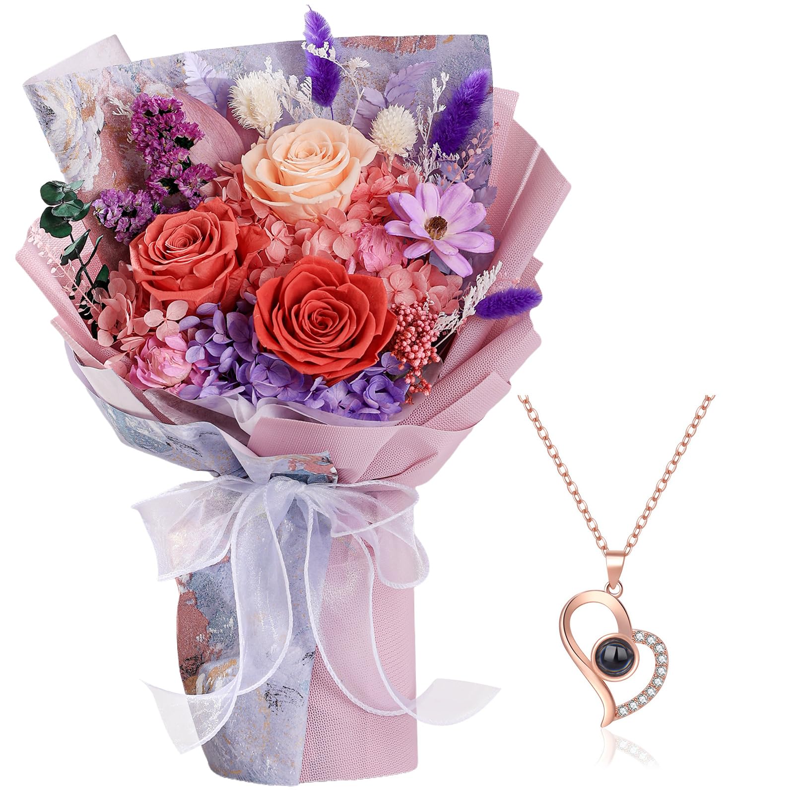 Preserved Rose Flower Bouquet with Necklace - Eternal Fresh Cut Roses for Graduation, Mother's Day, Christmas & Valentine's Day Gifts - Perfect for Delivery Prime & Special Occasions