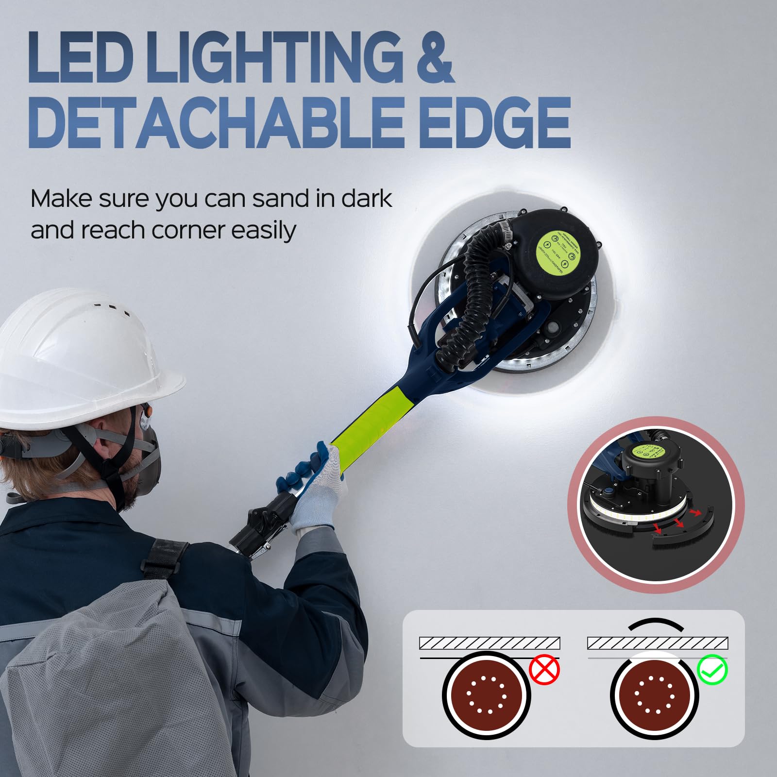IMQUALI® 750W Electric Drywall Sander with Vacuum - 6.8A Power, 7-Speed Adjustable (800-1750 RPM), Extendable Handle & LED Light - Popcorn Ceiling Remover with 12 Sanding Discs (Navy Blue) - Perfect for Wall Smoothing, Paint Prep & DIY Home Renovation Projects