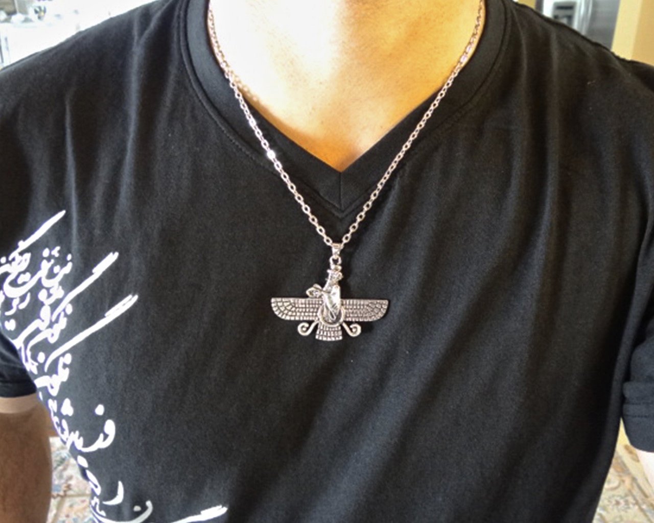Double Sided Farvahar Silver Pendant Necklace - Authentic Persian Jewelry with Iranian Art Motif - Perfect Spiritual Gift for Zoroastrian Culture Lovers | Ideal for Religious Ceremonies, Cultural Events & Unique Fashion Statements