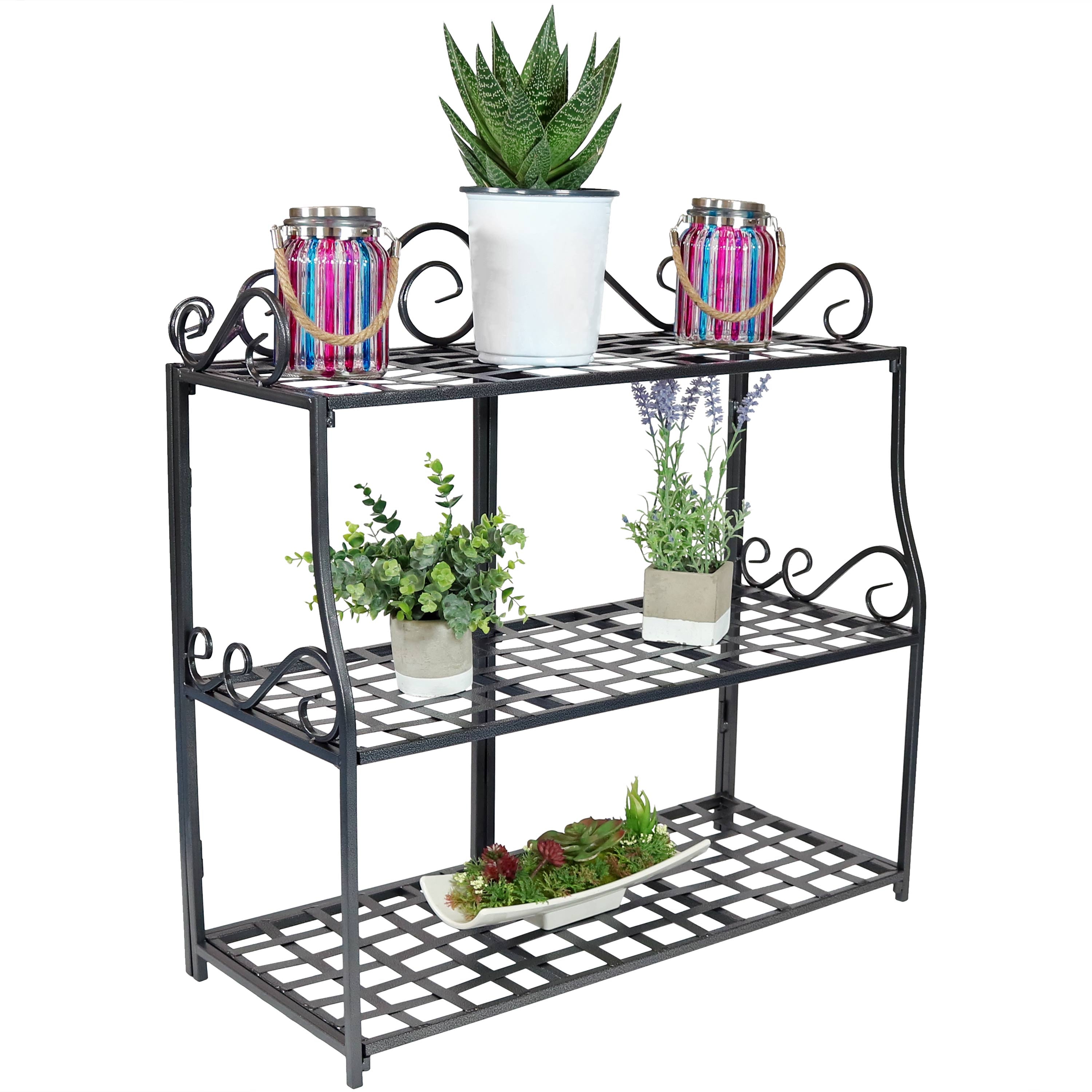 Sunnydaze 3 Tier Metal Iron Plant Stand with Decorative Scroll Design - Indoor Outdoor Garden Flower Pot Holder for Patio, Balcony, and Home Decor
