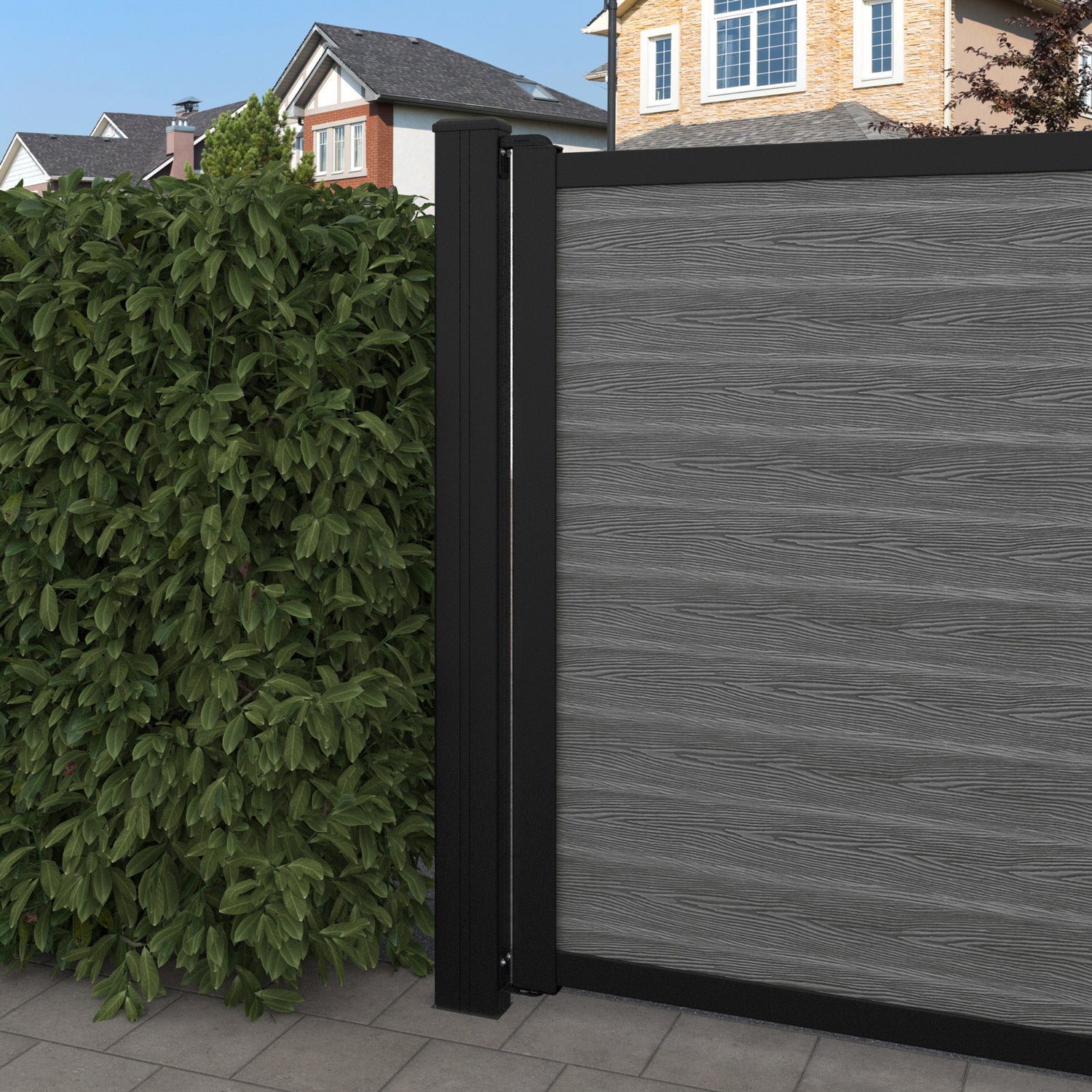 Classic Amber Straight Top Driveway Gate - Mid Grey Finish with Middle & End Screen - Perfect for Residential Driveway Security and Curb Appeal Enhancement
