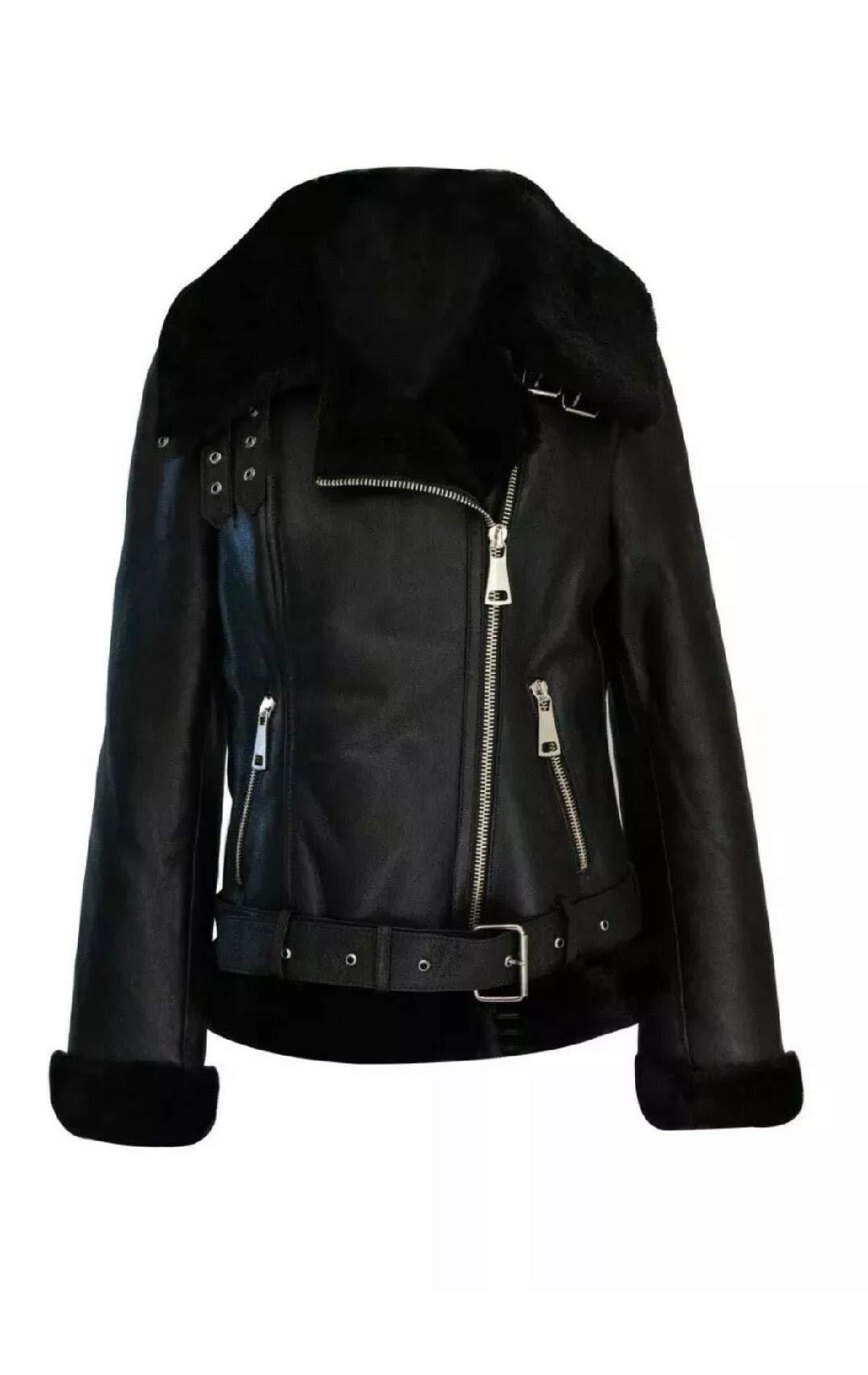 Women's Genuine Sheepskin Shearling Leather Bomber Jacket - 100% Natural Wool Fur Aviator Pilot Coat (Black with Fur) | Vintage WWII Style Winter Outerwear for Cold Weather & Fashion Statement