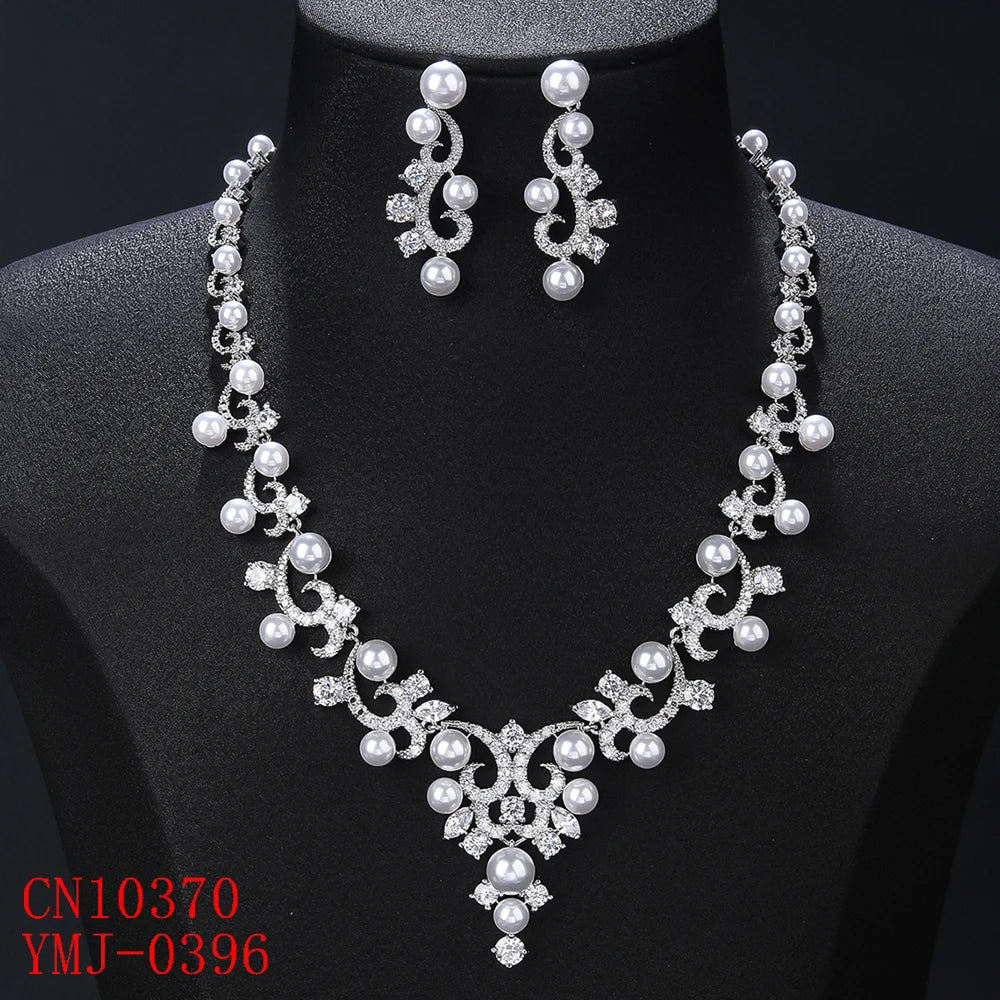 Luxury Cubic Zirconia Pearl Necklace for Women - Elegant CZ Bridal Jewelry Set with Matching Earrings - Perfect Wedding, Bridesmaid Gift & Special Occasion Jewelry (CN10370) - Ideal for Weddings, Anniversaries, Prom and Formal Events