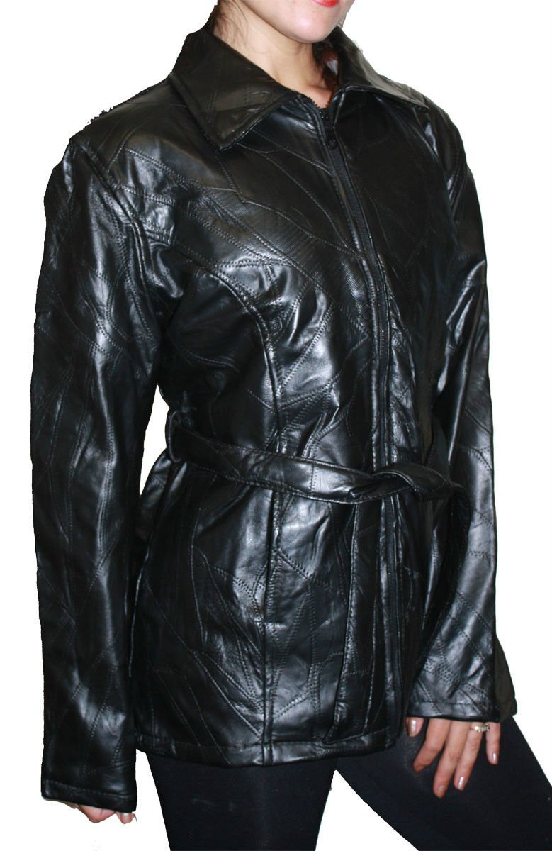 Genuine Patchwork Leather Jacket for Women with Zipper Waist Cut & Belt - Stylish Outerwear for Casual, Office & Evening Wear
