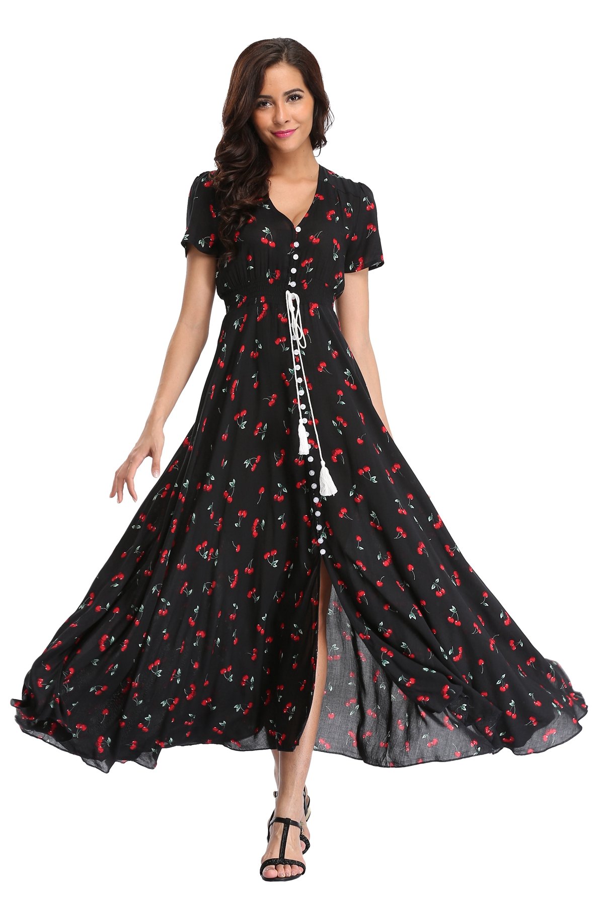 Ferrendo Women's Floral Maxi Dress - Button Up Bohemian Beach Dress with Side Slit & Flowy Design for Summer Parties, Vacations & Outdoor Events