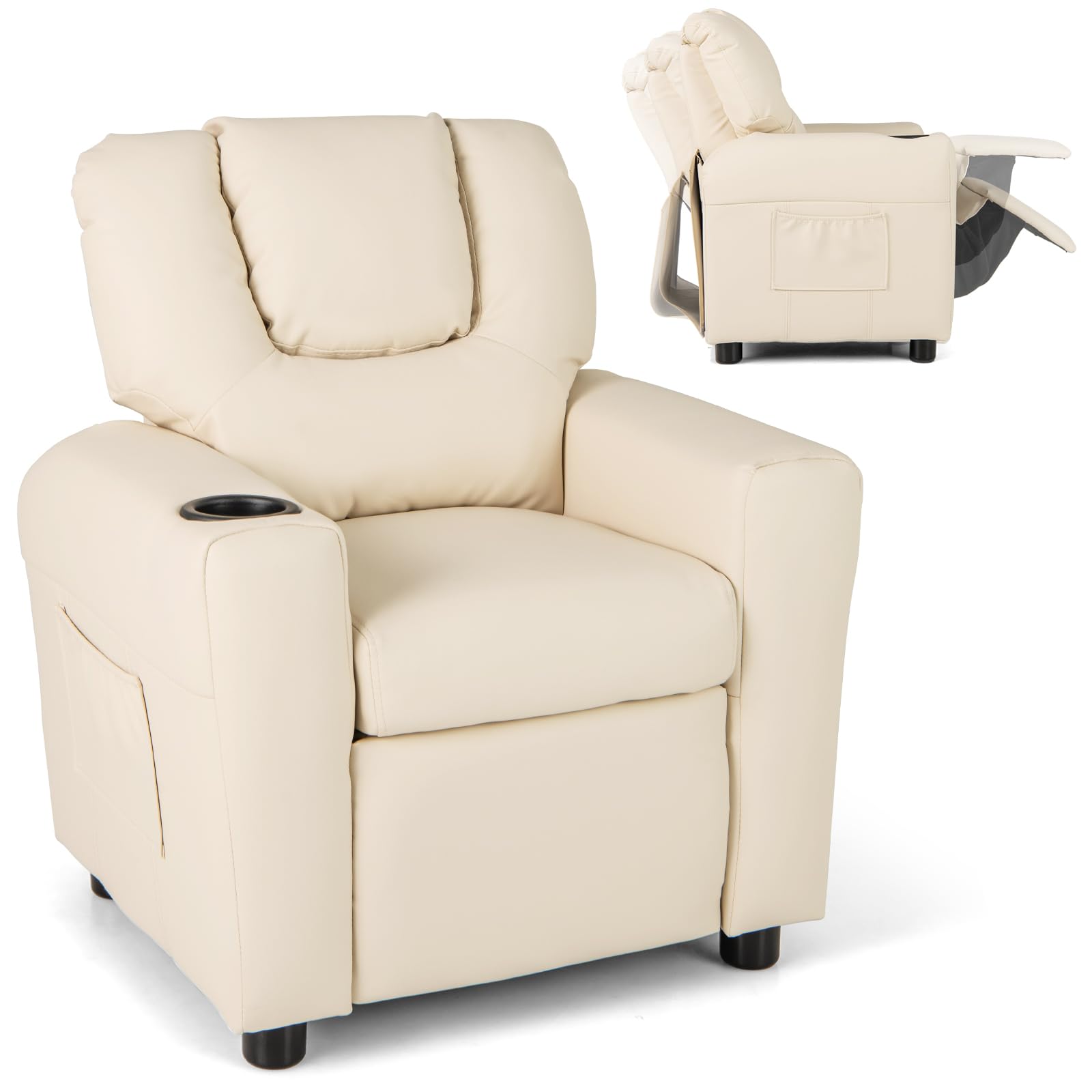 Costzon Kids Recliner Chair with Cup Holder - PU Leather Toddler Armchair with Headrest & Footrest for Boys and Girls - Comfortable Children's Sofa for Bedroom, Playroom, and Nursery (Beige) - Perfect for Reading, Watching TV, and Relaxing