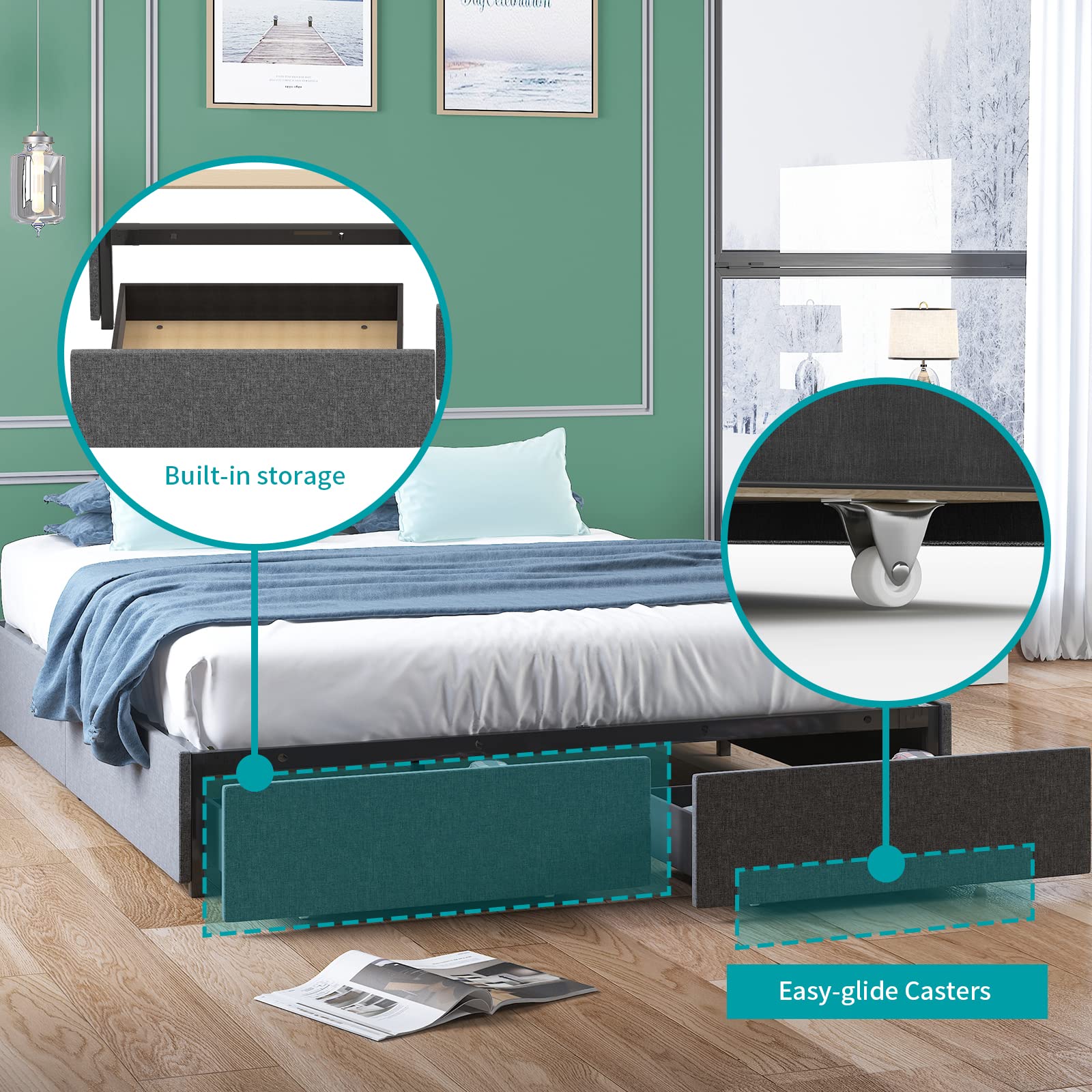BALUS Queen Upholstered Platform Bed Frame with Storage Drawers - Heavy Duty Wood Slat Support, No Box Spring Needed, Noise Free & Easy Assembly, Dark Grey - Perfect for Small Bedrooms & Space-Saving Storage Solutions