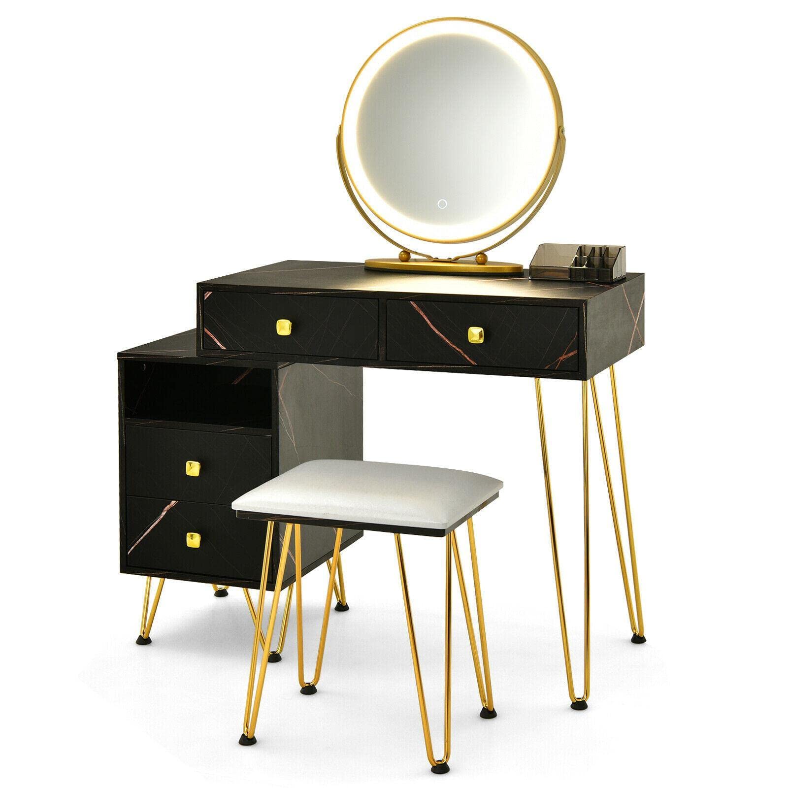 CompreDH Vanity Table Set with Rotatable Lighted Mirror - Black Makeup Dressing Desk with Side Tables for Bedroom | Portable Beauty Vanity Set for Makeup, Skincare & Hair Styling