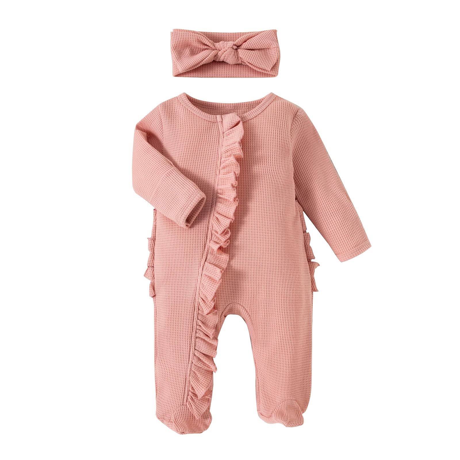Newborn Baby Girl Long Sleeve Ribbed Onesie - Soft Knitted Romper & Headband Outfit Set - Perfect for Photoshoots, Family Gatherings & Everyday Wear