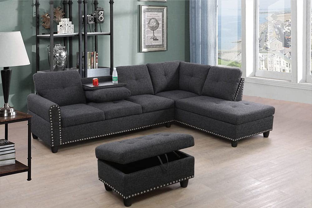 Modern L-Shaped Faux Leather Sectional Sofa Set with Storage Ottoman - 3 Piece Living Room Furniture (Black/Grey, Right Facing) for Small Spaces & Family Gatherings