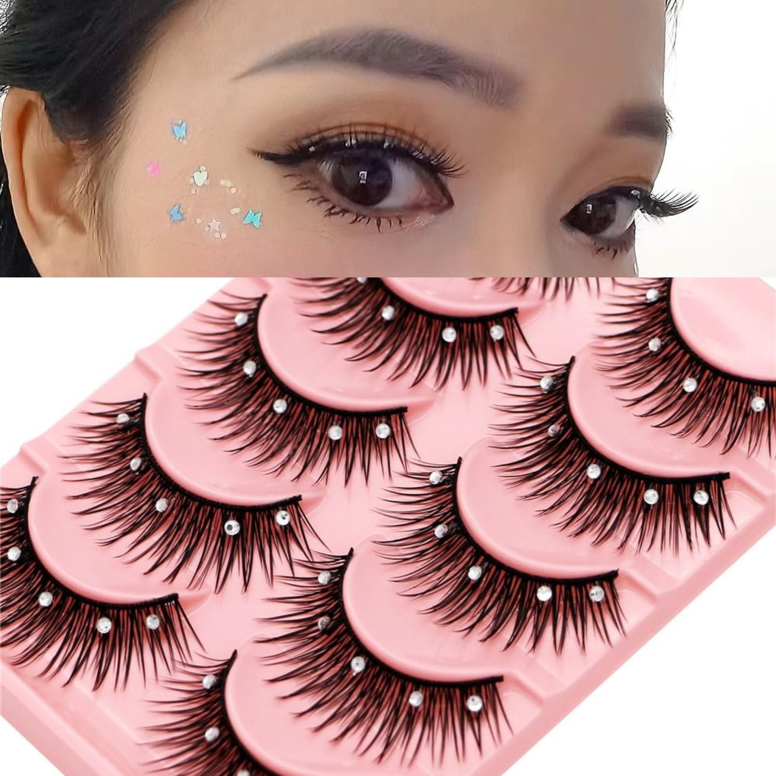5 Pairs Glitter Lashes 3D Fluffy Natural Anime Eyelashes with Rhinestones - 13mm Dramatic Manga Lashes for Cosplay, Halloween, New Year Party & Stage Makeup (Black Stems) | Perfect for Costume Events, Photo Shoots & Special Occasions