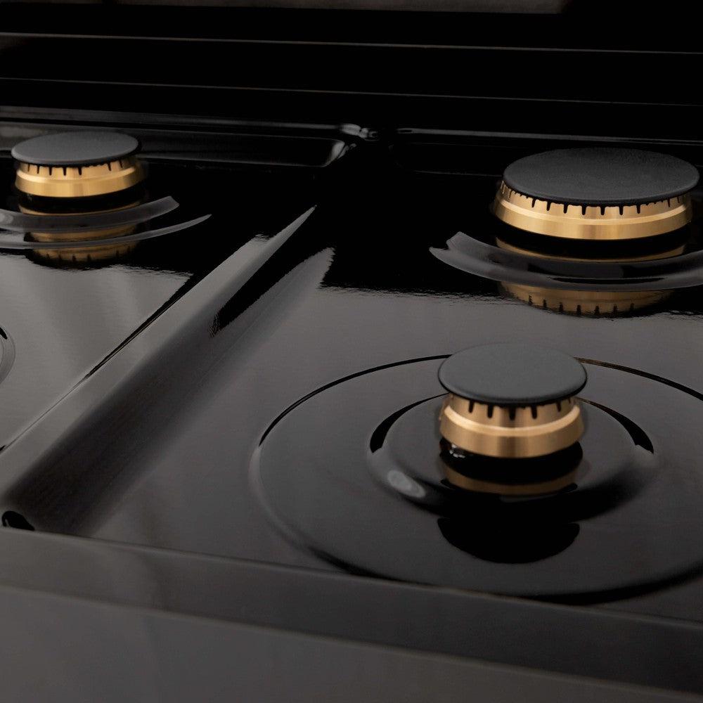 ZLINE Autograph Edition 30-inch Black Stainless Steel Kitchen Package - Dual Fuel Range, Range Hood, Dishwasher & Refrigerator with External Water Dispenser & Polished Gold Accents (4AKPR RABRHDWV30 G) | Premium Luxury Kitchen Appliances for Modern Homes & Gourmet Cooking