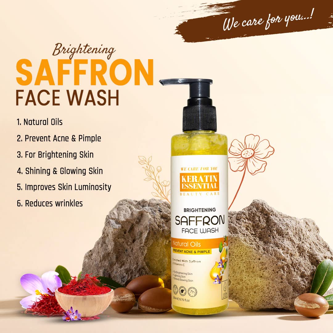 KERATIN ESSENTIAL Saffron Face Wash with Saffron & Lavender Extracts - 200ml Gentle Cleanser for Brightening & Hydrating Skin | Perfect for Daily Skincare Routine & Acne-Prone Skin