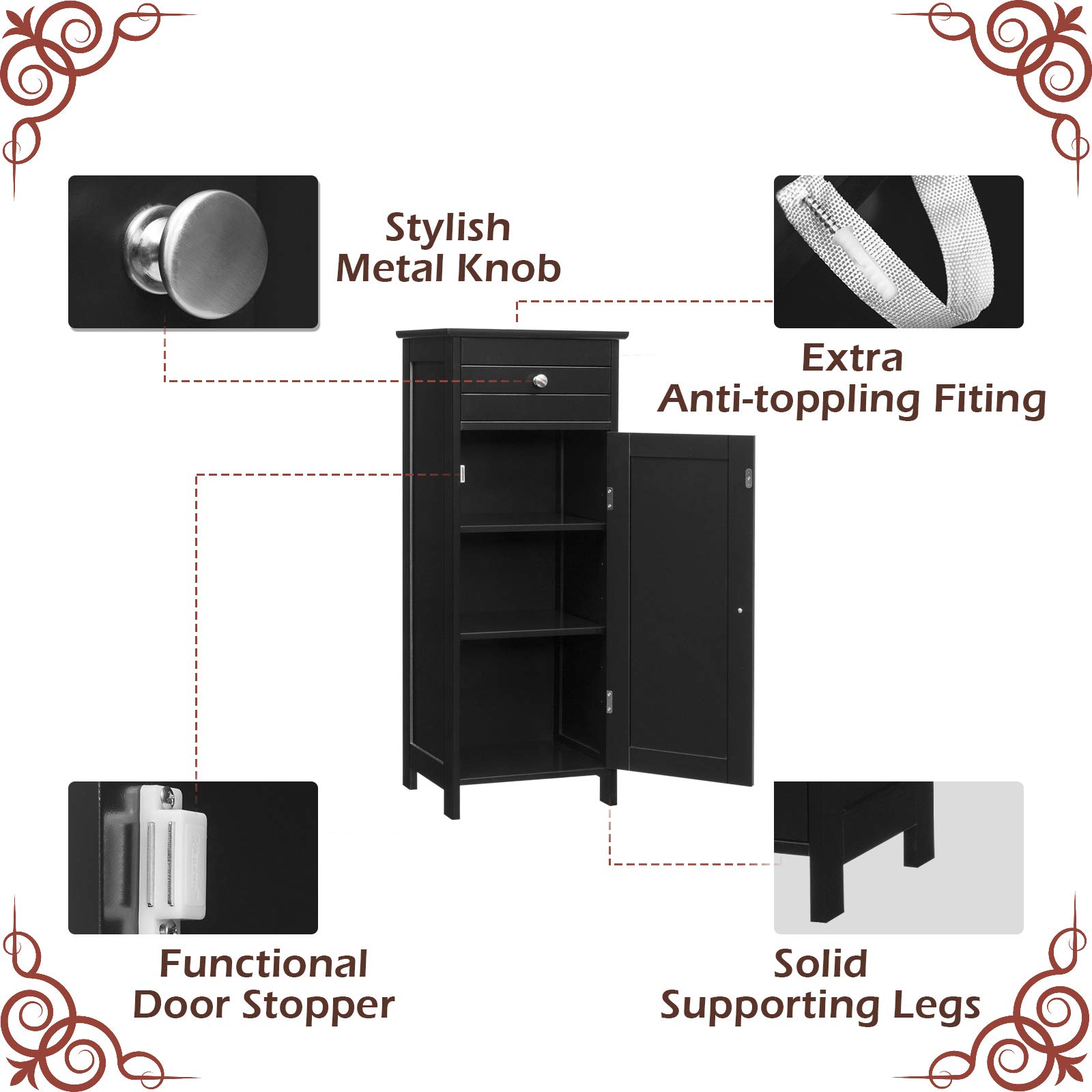 GLACER Floor Storage Cabinet with 2 Adjustable Shelves - Multifunctional Bathroom & Living Room Organizer, 14 x 12 x 34.5 Inches, Black - Perfect for Small Spaces, Bathroom Essentials & Home Decor Storage