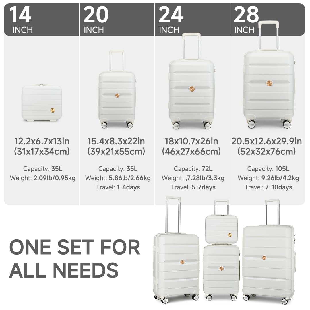 Somago 3-Piece Lightweight Hardside Luggage Set with Packing Cubes - Polypropylene Suitcases with Double Spinner Wheels & TSA Lock (Creamy White) - Perfect for Air Travel, Business Trips & Family Vacations