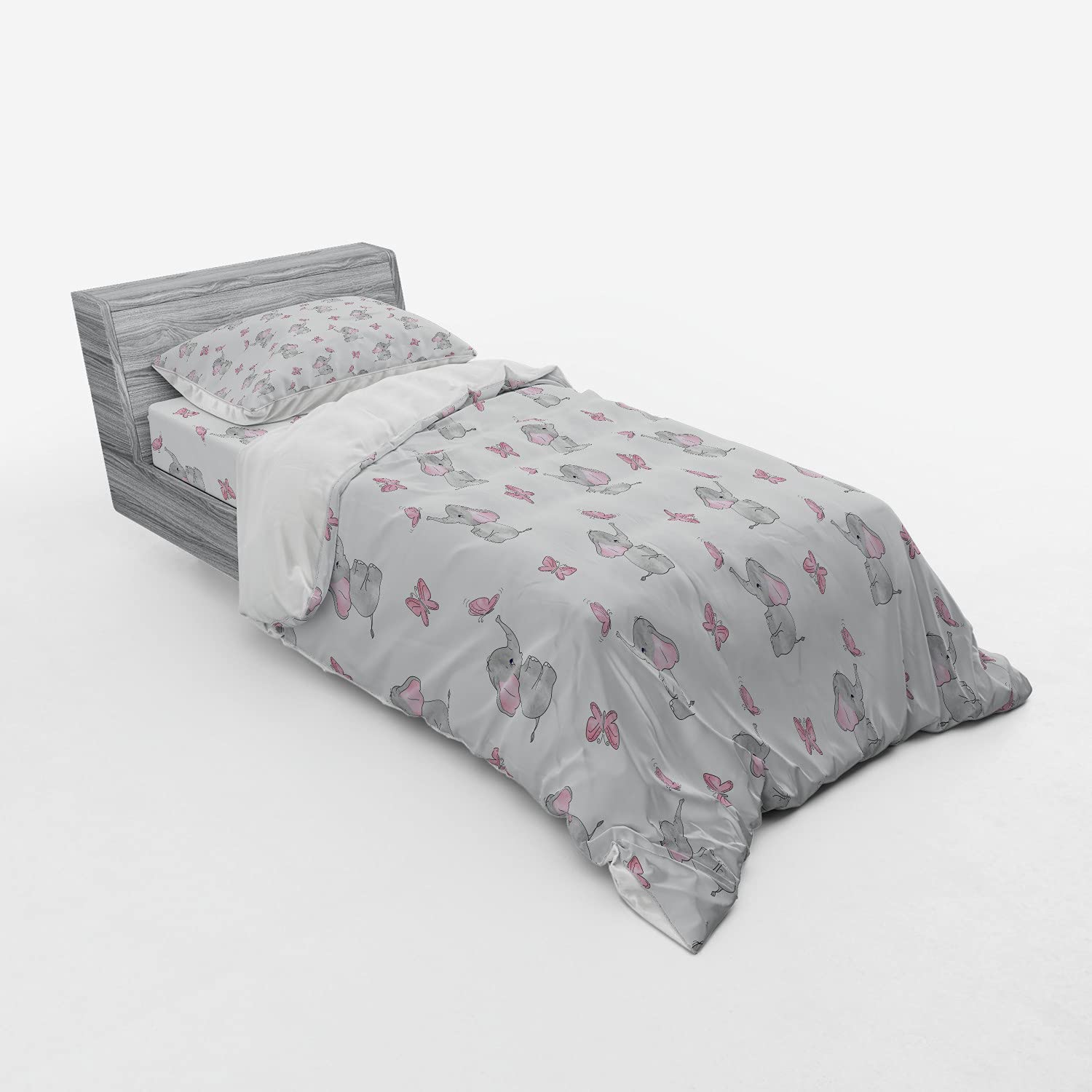 Ambesonne Animal Cartoon Bedding Set - Playing Butterflies Design 3-Piece Duvet Cover with Pillow Sham & Fitted Sheet, Twin Size in Pale Pink White Grey - Perfect for Kids' Rooms & Nursery Decor