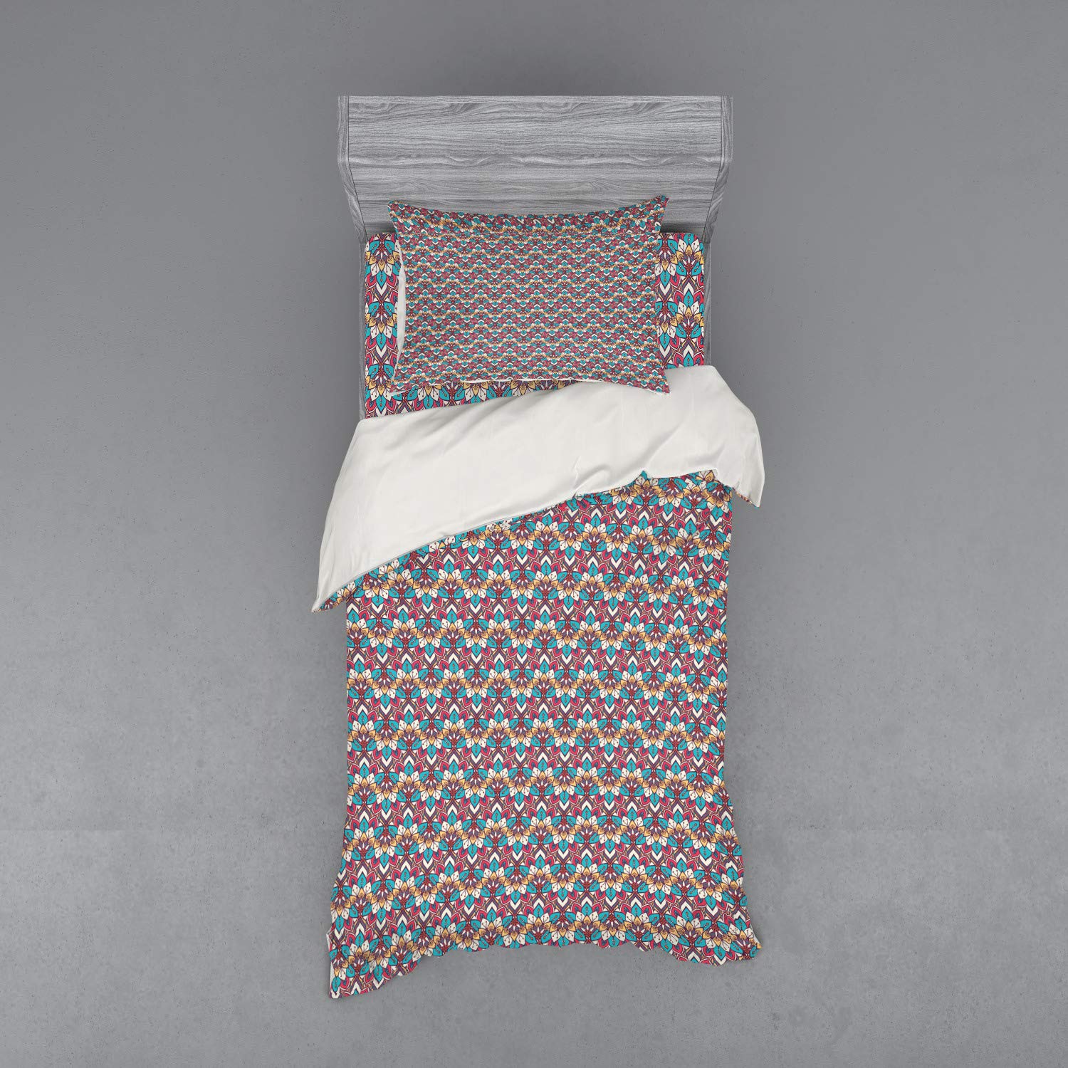 Ambesonne Mandala Bedding Set - 3 Piece Duvet Cover with Sham & Fitted Sheet, Twin Size, Mystical Easter Floral Pattern, Oriental Ornate Design, Multicolor | Boho Chic Bedroom Decor, Meditation Room Essentials, Spiritual Retreat Home Textiles