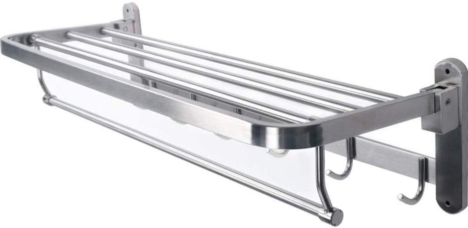 Stainless Steel Foldable Wall Mounted Towel Rack - 60cm Dual Row Towel Shelf with Hooks for Bathroom, Kitchen & Hotel - Space Saving Towel Bar Holder & Storage Organizer (Perfect for Small Bathrooms, Apartments and RV Use)