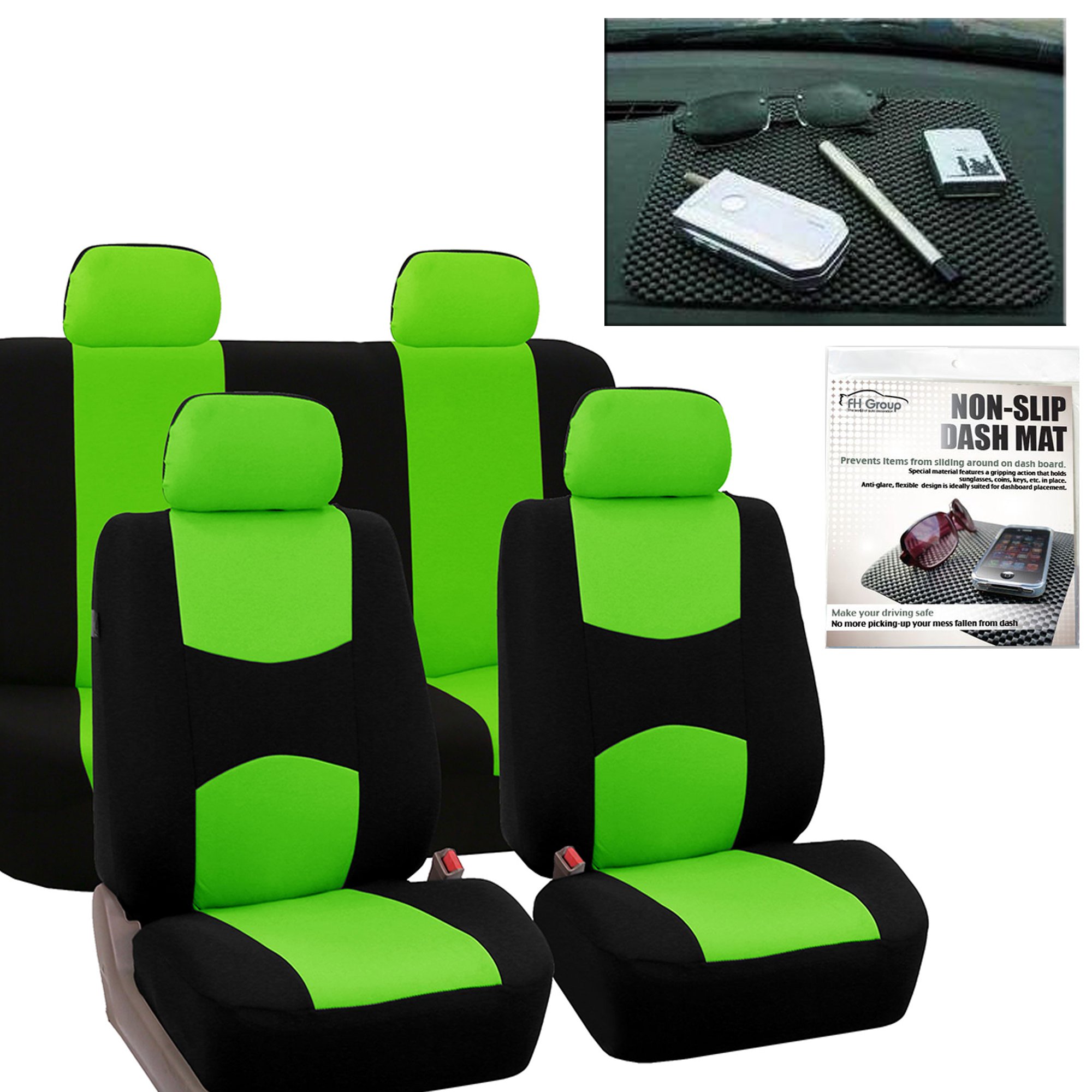 FH Group Universal Fit Car Seat Covers Full Set - Non-Slip Flat Cloth Seat Protectors for Cars, Trucks & SUVs | Green Bench Style with Dash Grip Pad | Perfect for Road Trips, Daily Commute & Interior Protection