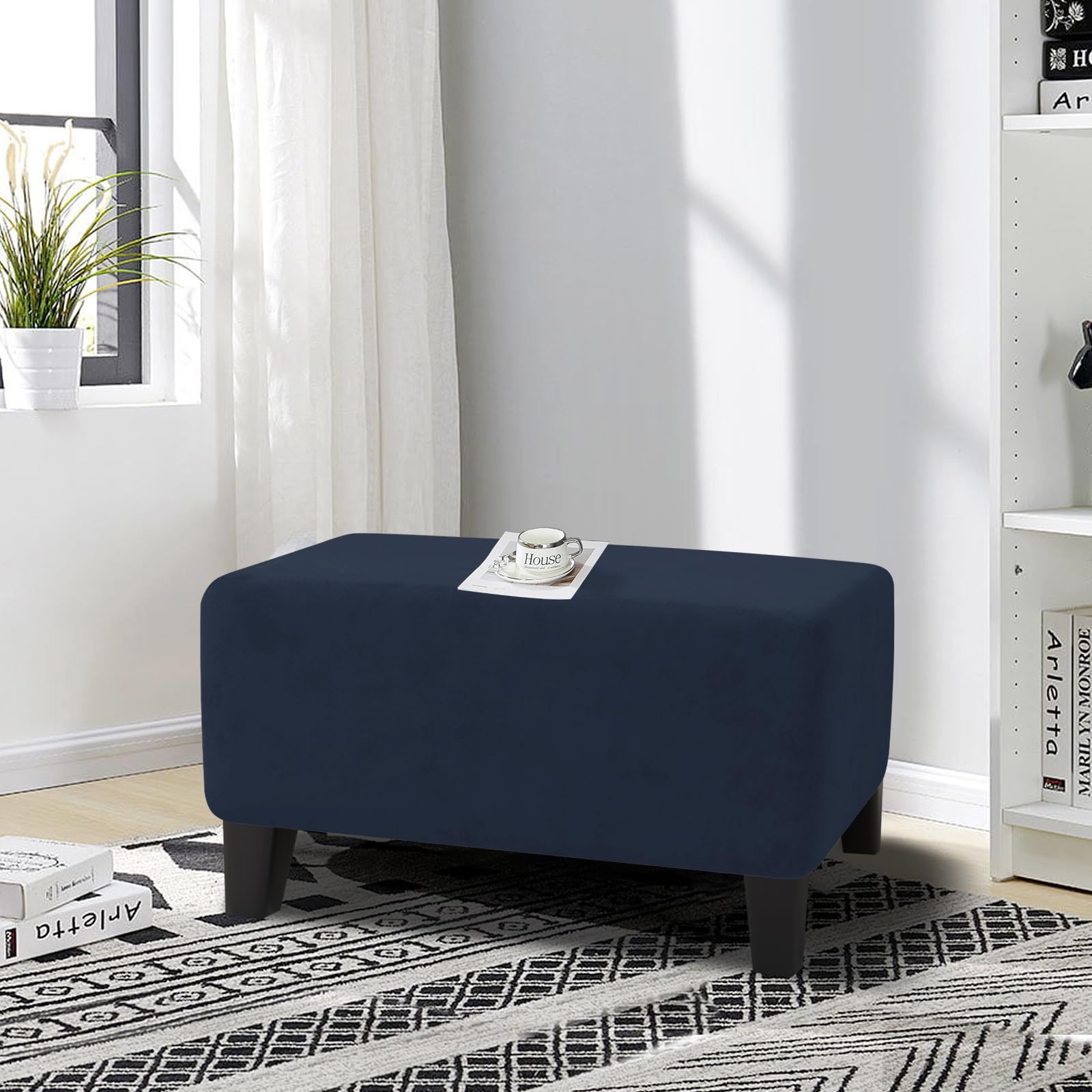 MAXIJIN Velvet Ottoman Slipcover - Small Stretch Square Rectangle Footstool Cover with Elastic Bottom - Navy Blue Storage Ottoman Cover for Living Room, Bedroom & Office - Perfect for Home Decor, Furniture Protection and Extra Seating
