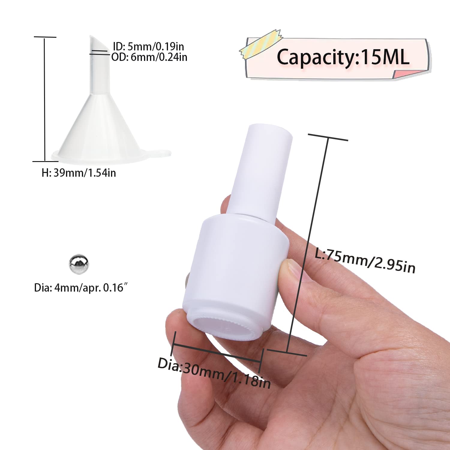 15ML Empty Gel Nail Polish Bottles - Opaque Round Refillable Glass Bottles with Mixing Balls & Funnels, UV Safe for DIY Nail Art - Pack of 6 Matte White (Perfect for Salon Professionals & Home Manicure Kits)