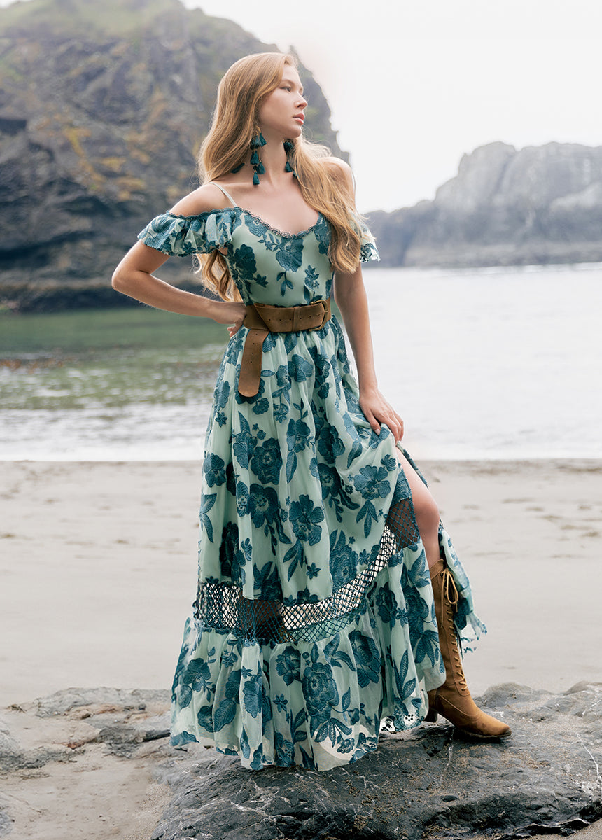 Paulina Dress in Peacock Blue - Elegant Women's Floral Maxi Dress for Summer Weddings, Beach Vacations & Special Occasions