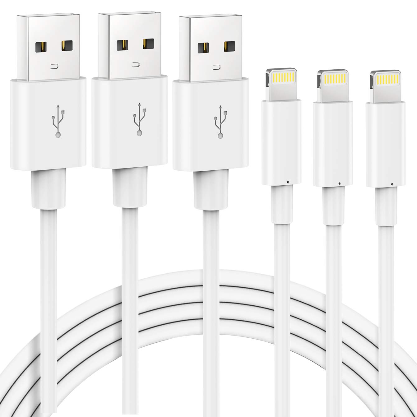 MFi Certified Lightning Cable 3-Pack - 6.6ft Extra Long iPhone Charger Cord Fast Charging & Data Sync for iPhone 13/12/11/Pro/XS Max/X/8/7 & iPad | Durable White USB Cable for Home, Office & Travel