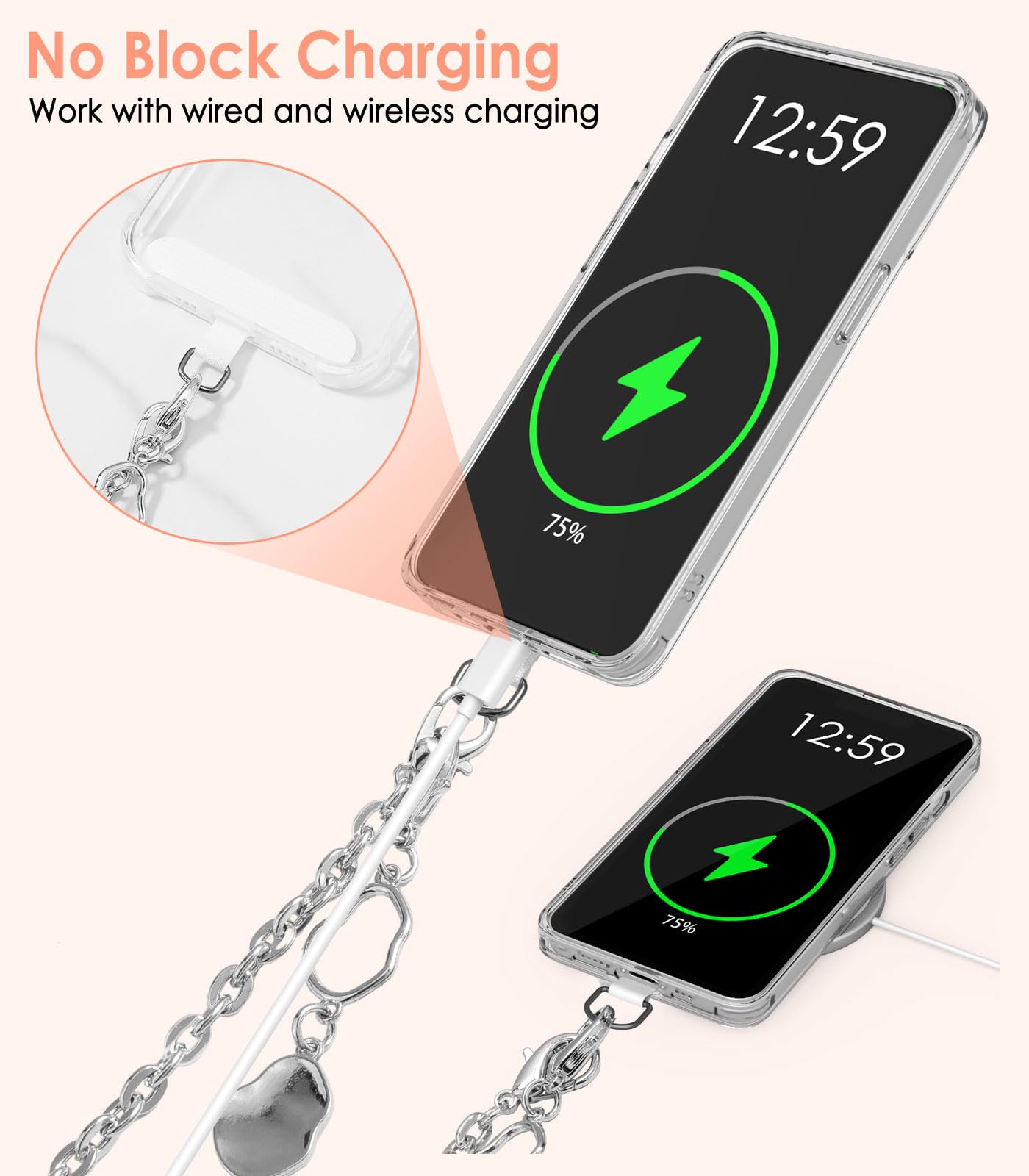 MoKo Universal Phone Lanyard Strap - Metal Crossbody Phone Chain for iPhone, Samsung & Smartphones | Includes Wrist Strap & 2 Lanyard Patches (Silver) | Perfect for Travel, Concerts & Hands-Free Convenience