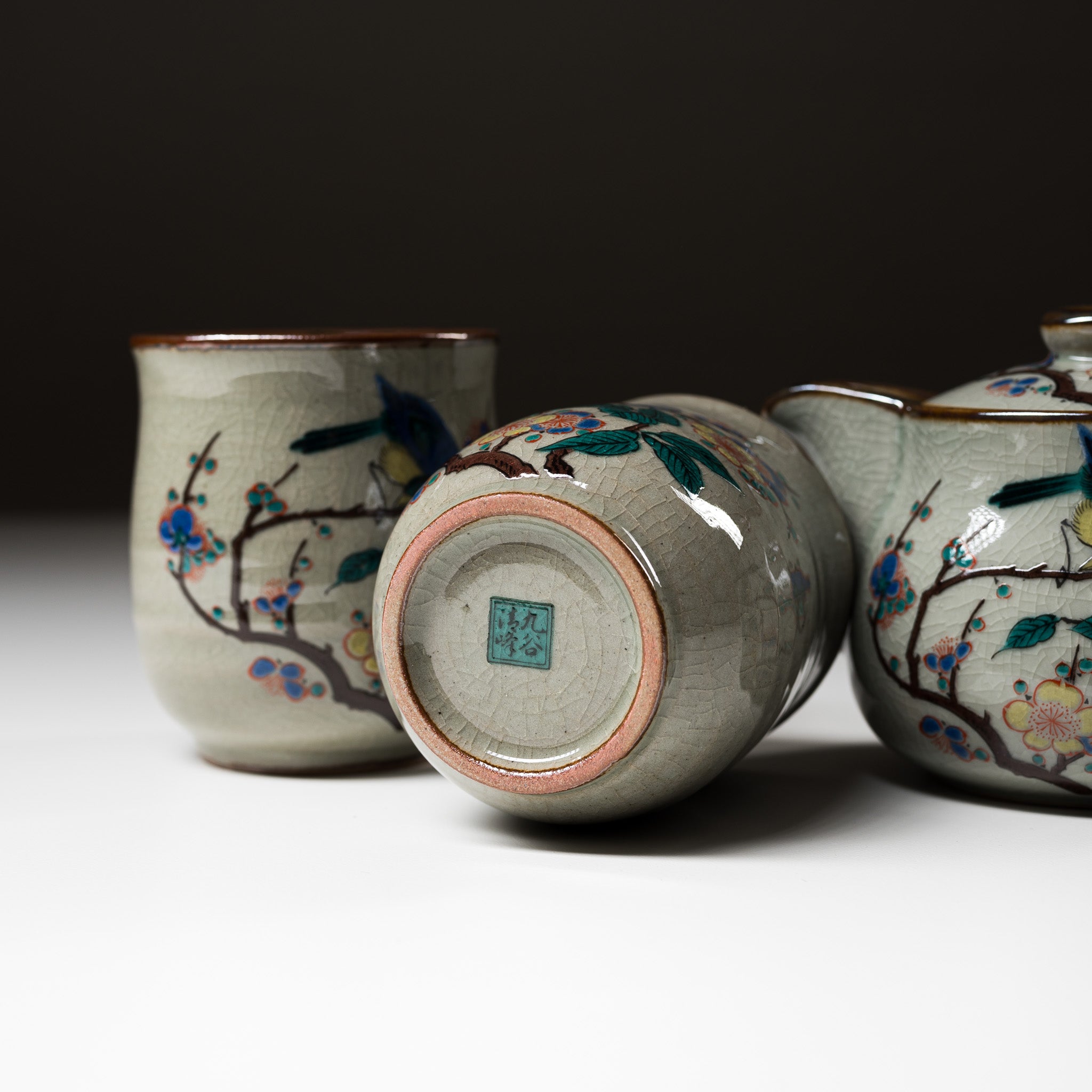 Premium Kutani Ware Japanese Tea Set - Hand-Painted Blue Bird Design - Authentic Japanese Porcelain for Tea Ceremony & Home Decor