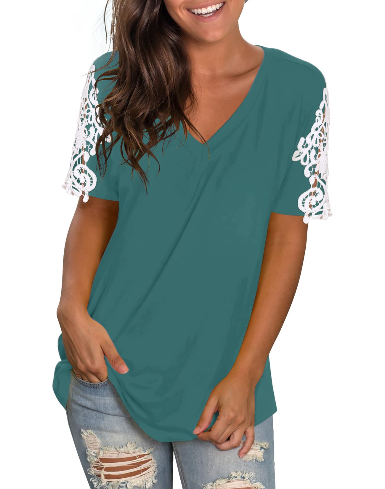 NIASHOT Women's V Neck T-Shirts Short Sleeve Casual Summer Lace Tee Tops - Perfect for Beach Outings, Date Nights & Everyday Wear