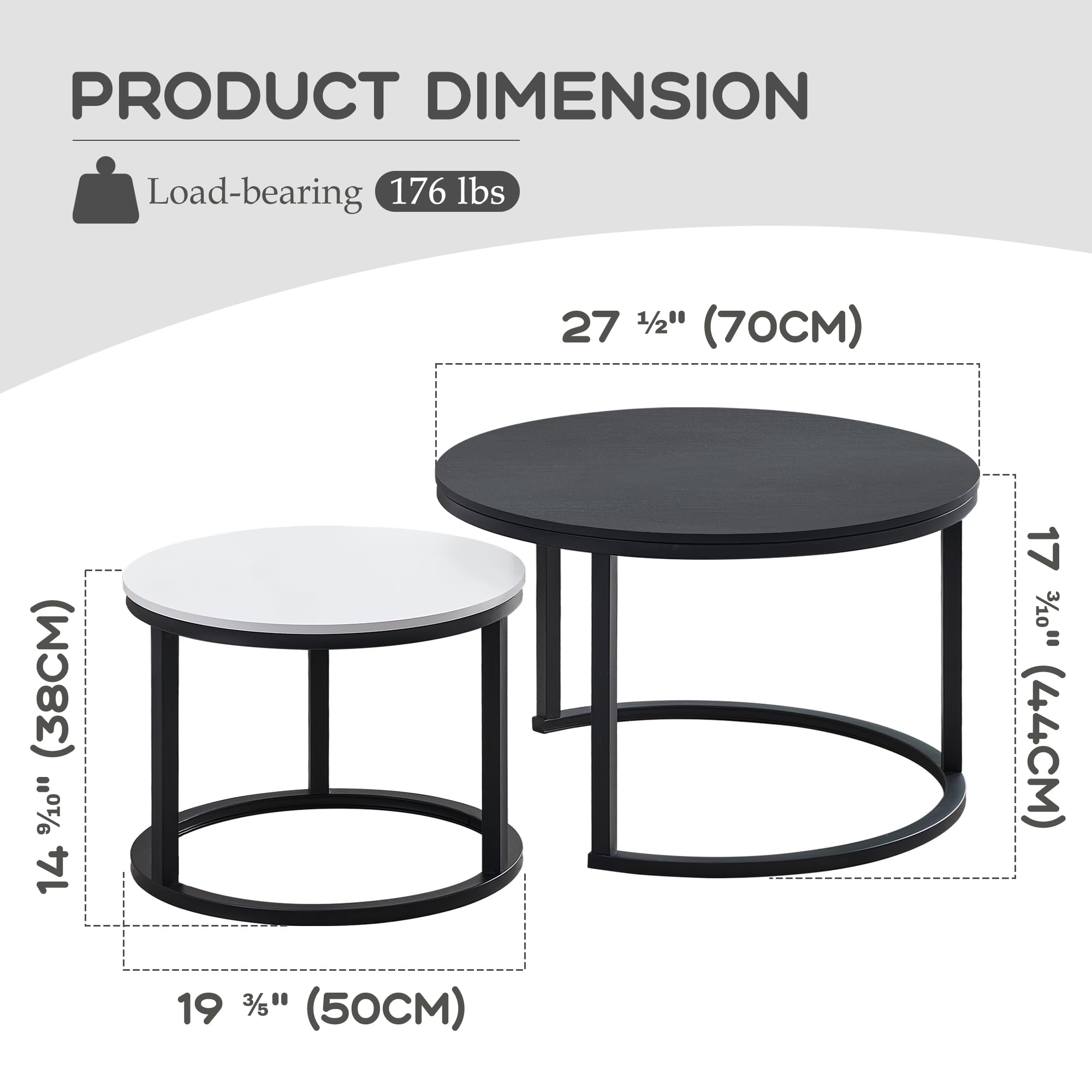 27.5 Inch Round Wood Coffee Tables Set of 2 - Modern Black and White Side Tables with Drawers for Small Spaces, Living Room, Bedroom & Office - Perfect for Coffee, Books & Decor