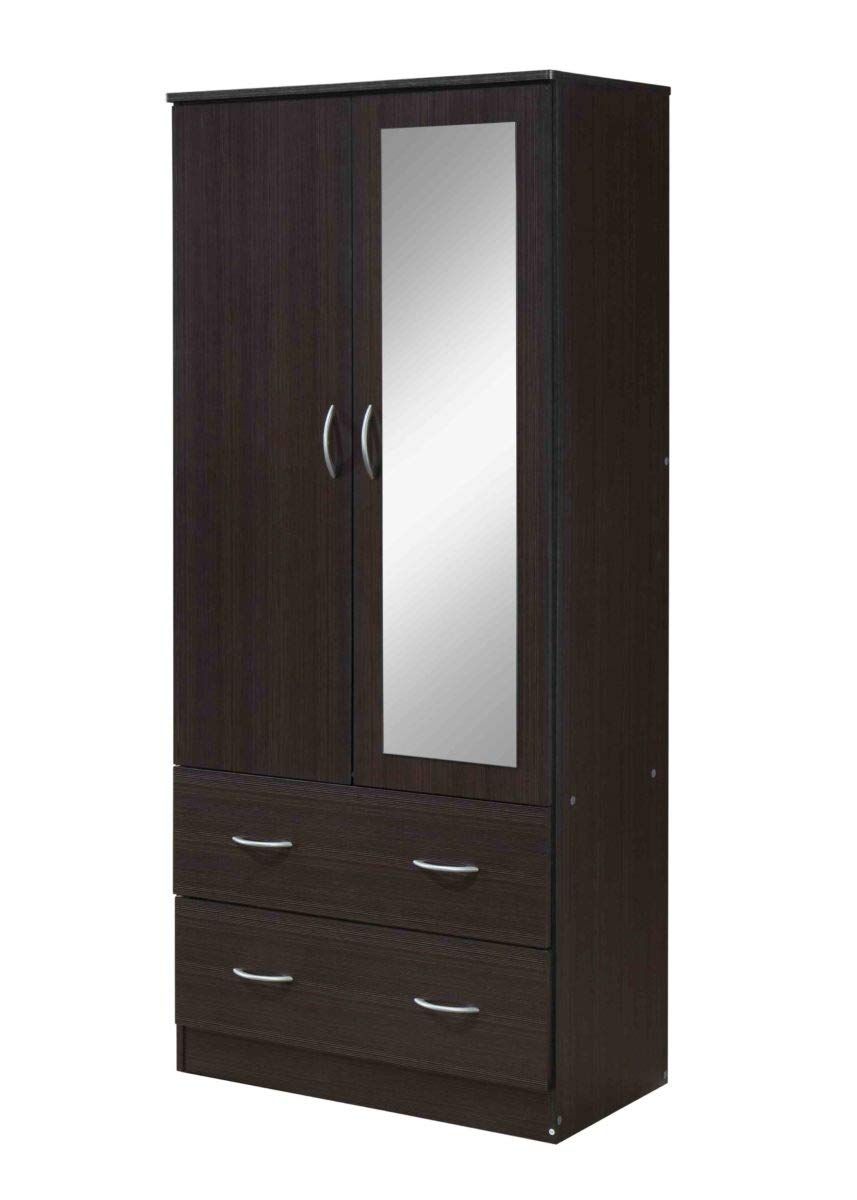 HODEDAH 2-Door Wood Wardrobe Closet with Mirror - Bedroom Storage Cabinet with Hanging Rod & 2 Drawers - Chocolate Finish for Home Organization & Bedroom Decor