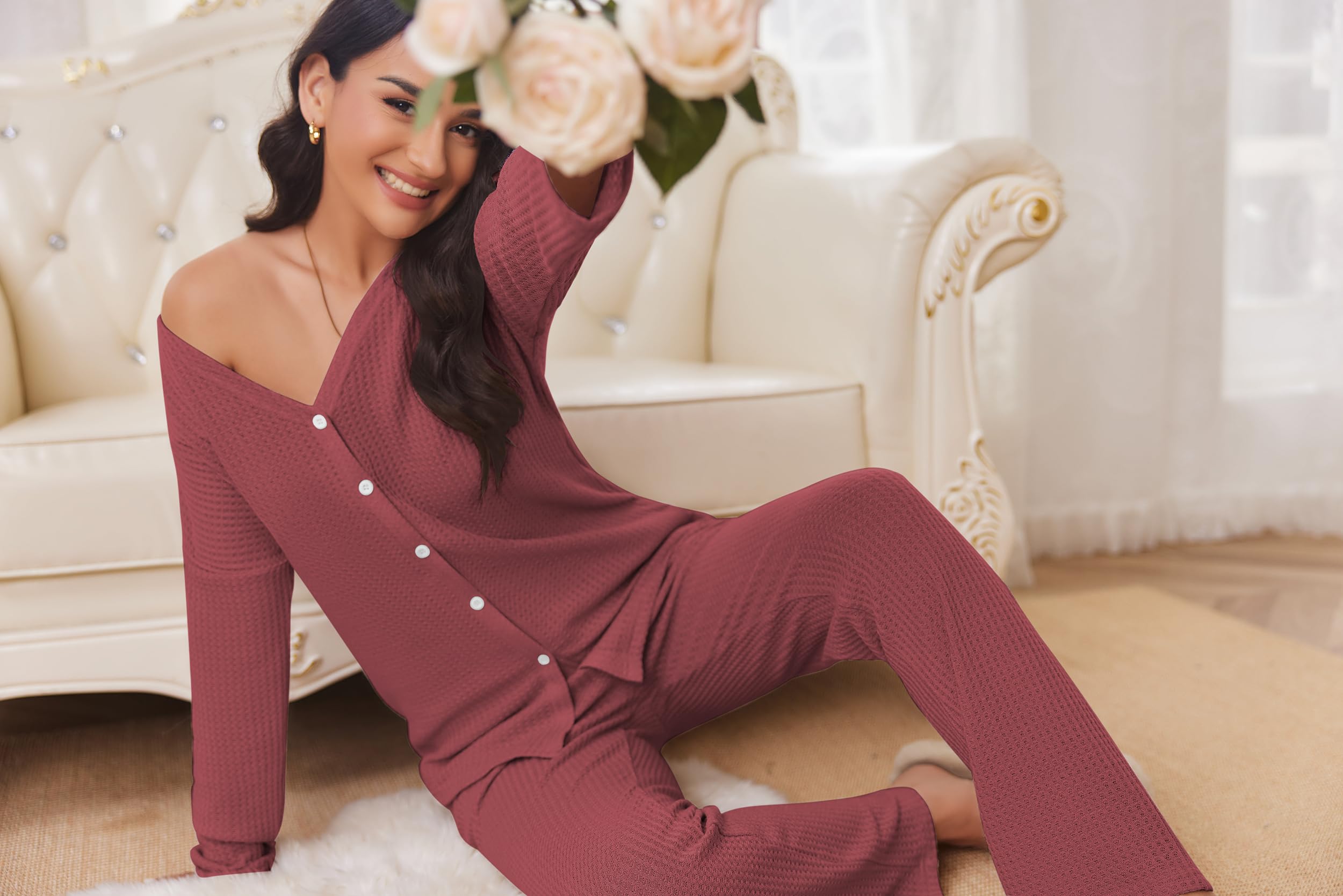 Ekouaer Women's Waffle Knit Pajama Set - Soft Button Down Sleepwear & Loungewear with Pockets | Cozy Two-Piece Pjs for Home, Sleep & Relaxation