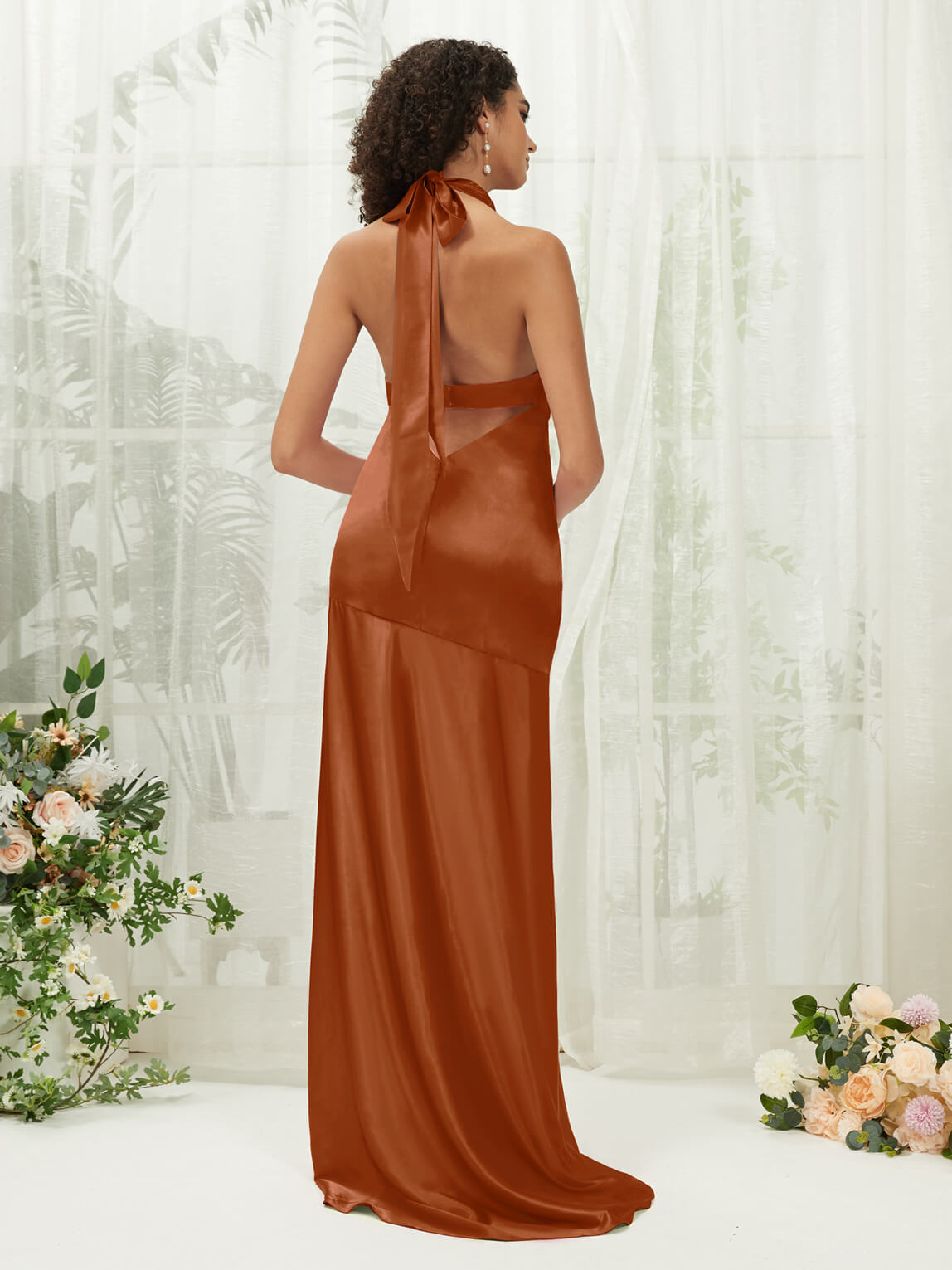 Elegant Cooper Satin Halter Neck Sleeveless Maxi Bridesmaid Dress with High Slit - Perfect for Weddings, Formal Events & Evening Parties